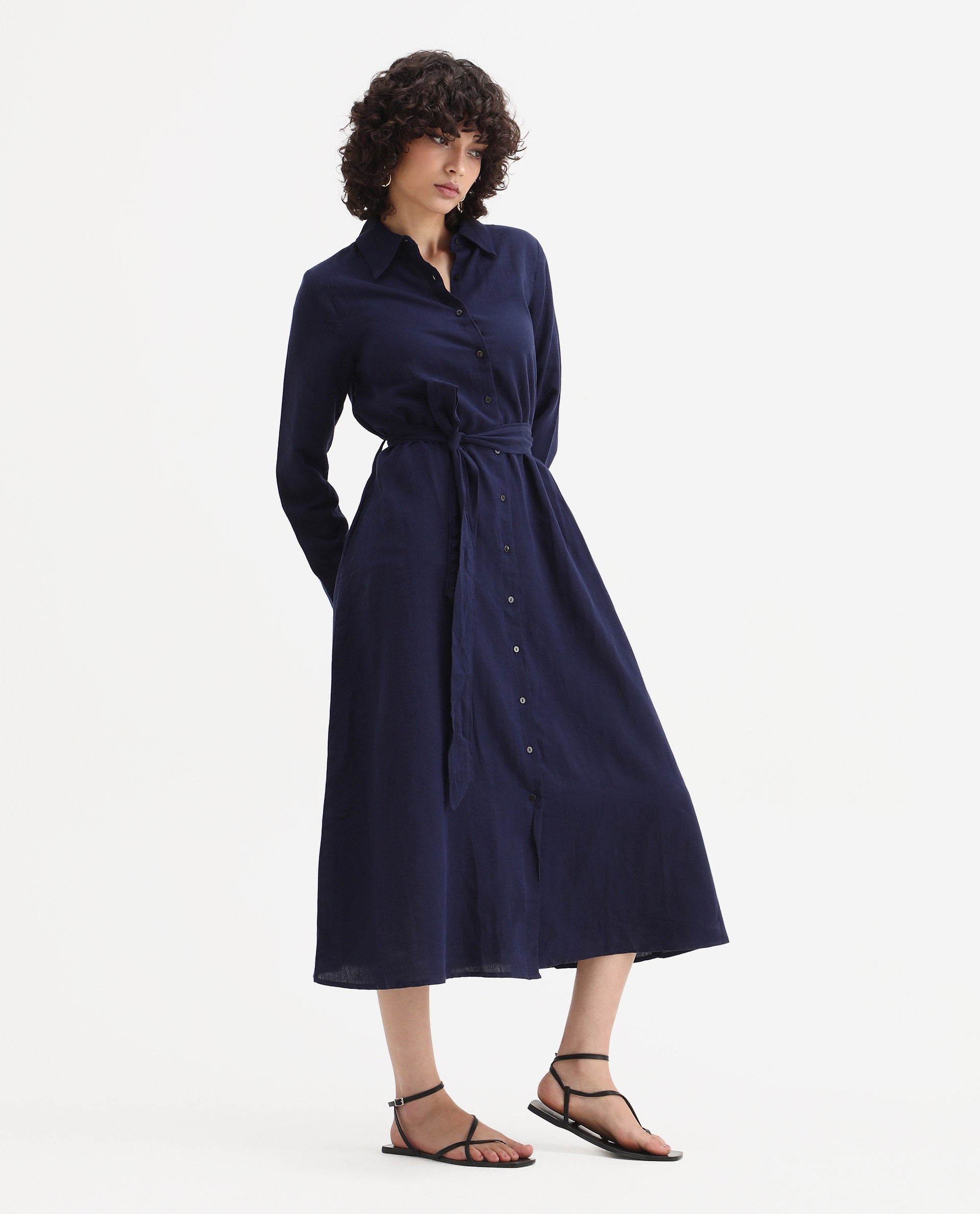 Rareism Women's Perif Dark Navy Cotton Blend Drop Collar Plain Cuffed Sleeve Midi A-Line Dress