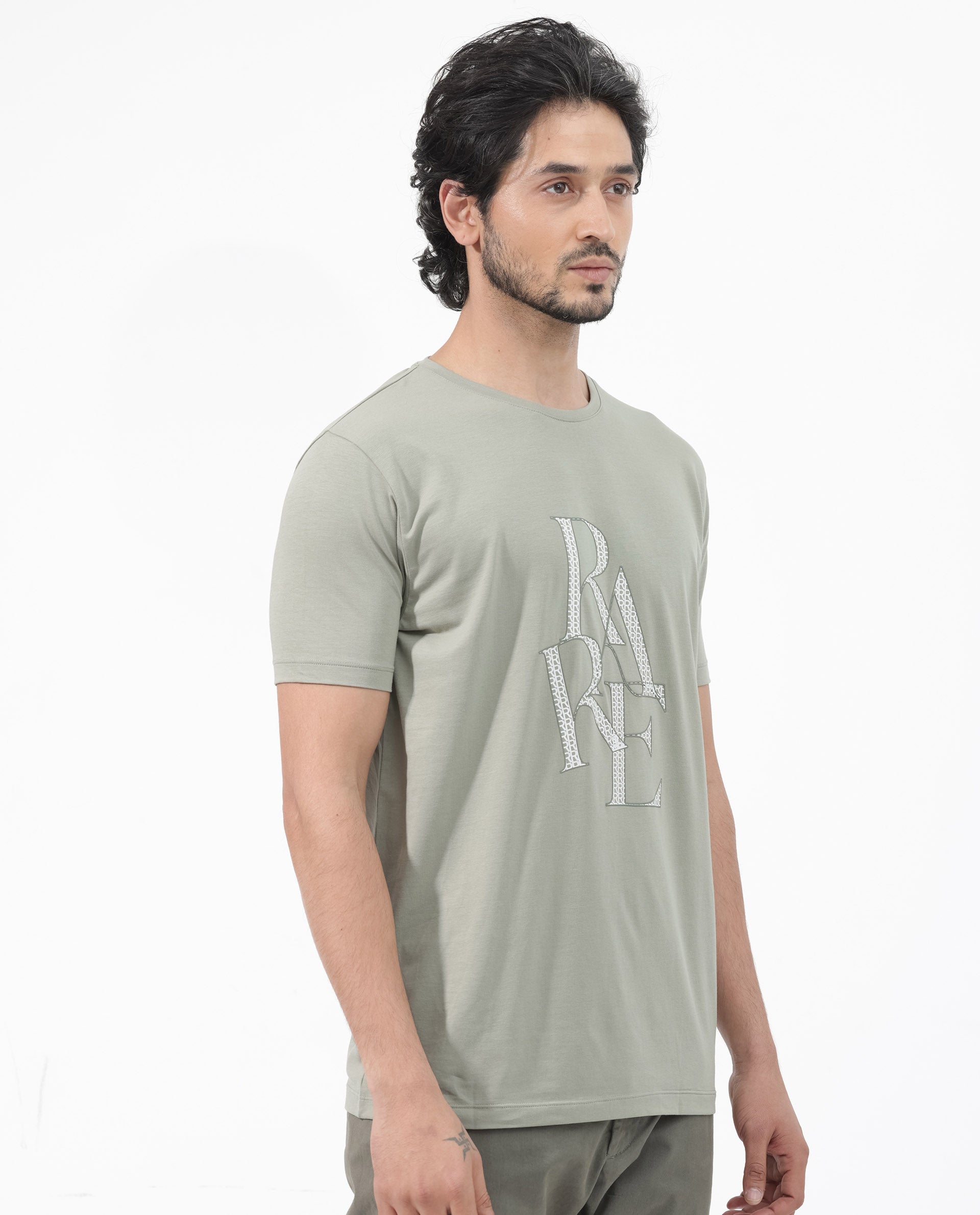 Rare Rabbit Articale Mens Perrin Dusky Green Cotton Polyester Fabric Short Sleeve Crew Neck Slim Fit Graphic Printed T-Shirt