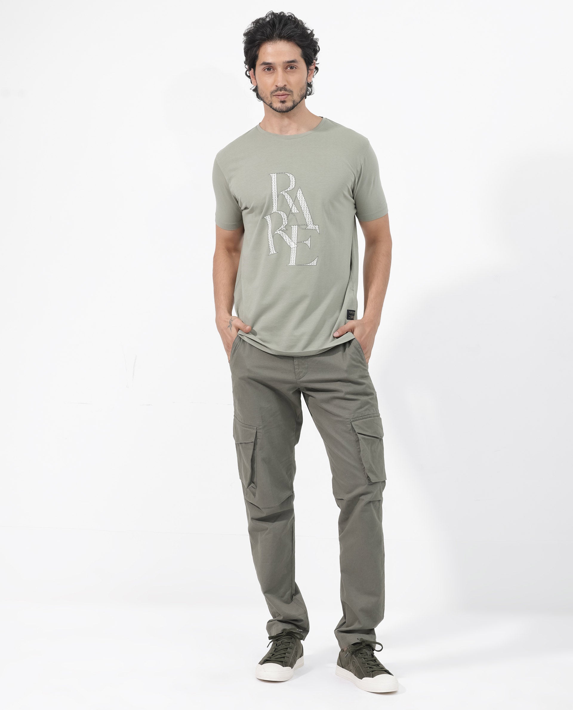 Rare Rabbit Articale Mens Perrin Dusky Green Cotton Polyester Fabric Short Sleeve Crew Neck Slim Fit Graphic Printed T-Shirt
