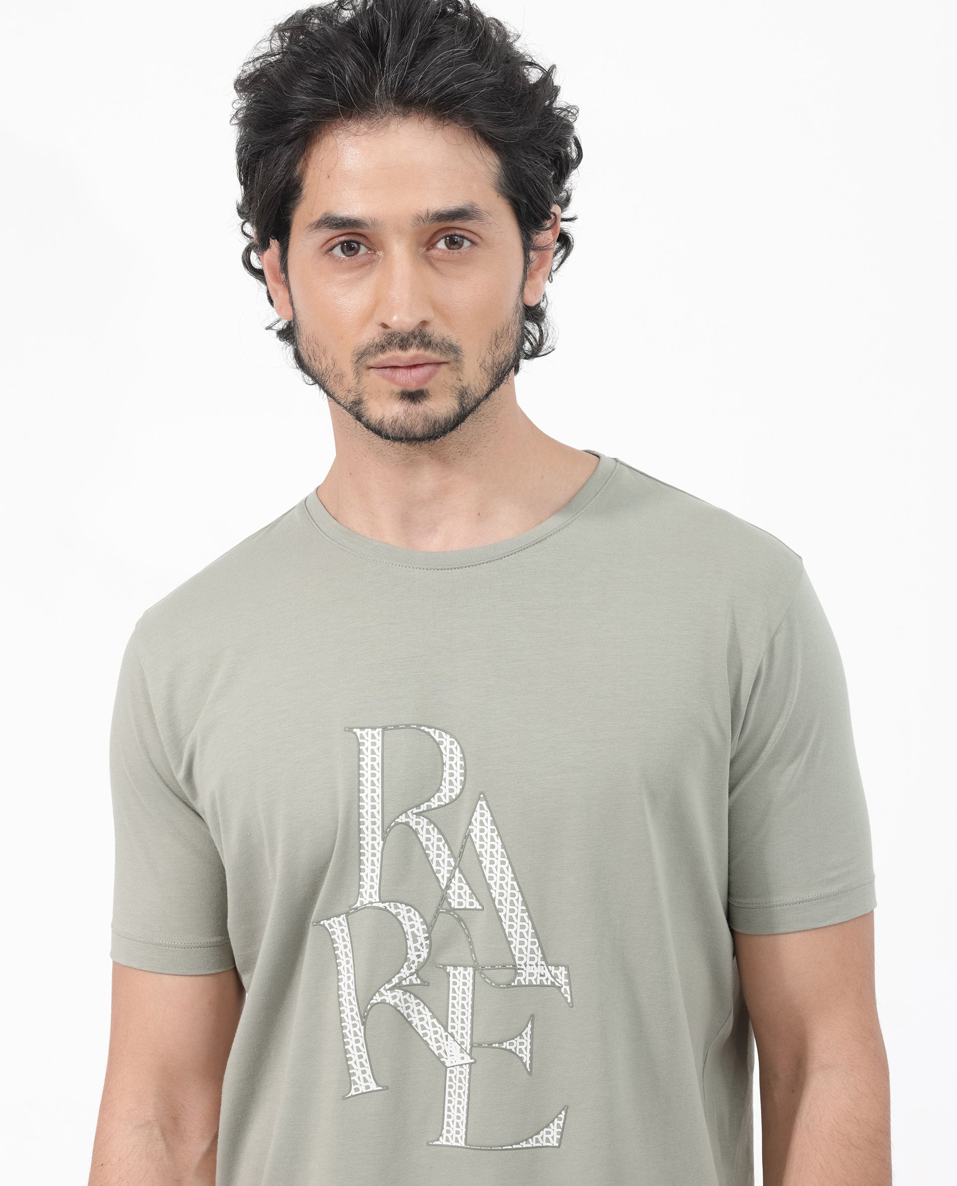 Rare Rabbit Articale Mens Perrin Dusky Green Cotton Polyester Fabric Short Sleeve Crew Neck Slim Fit Graphic Printed T-Shirt