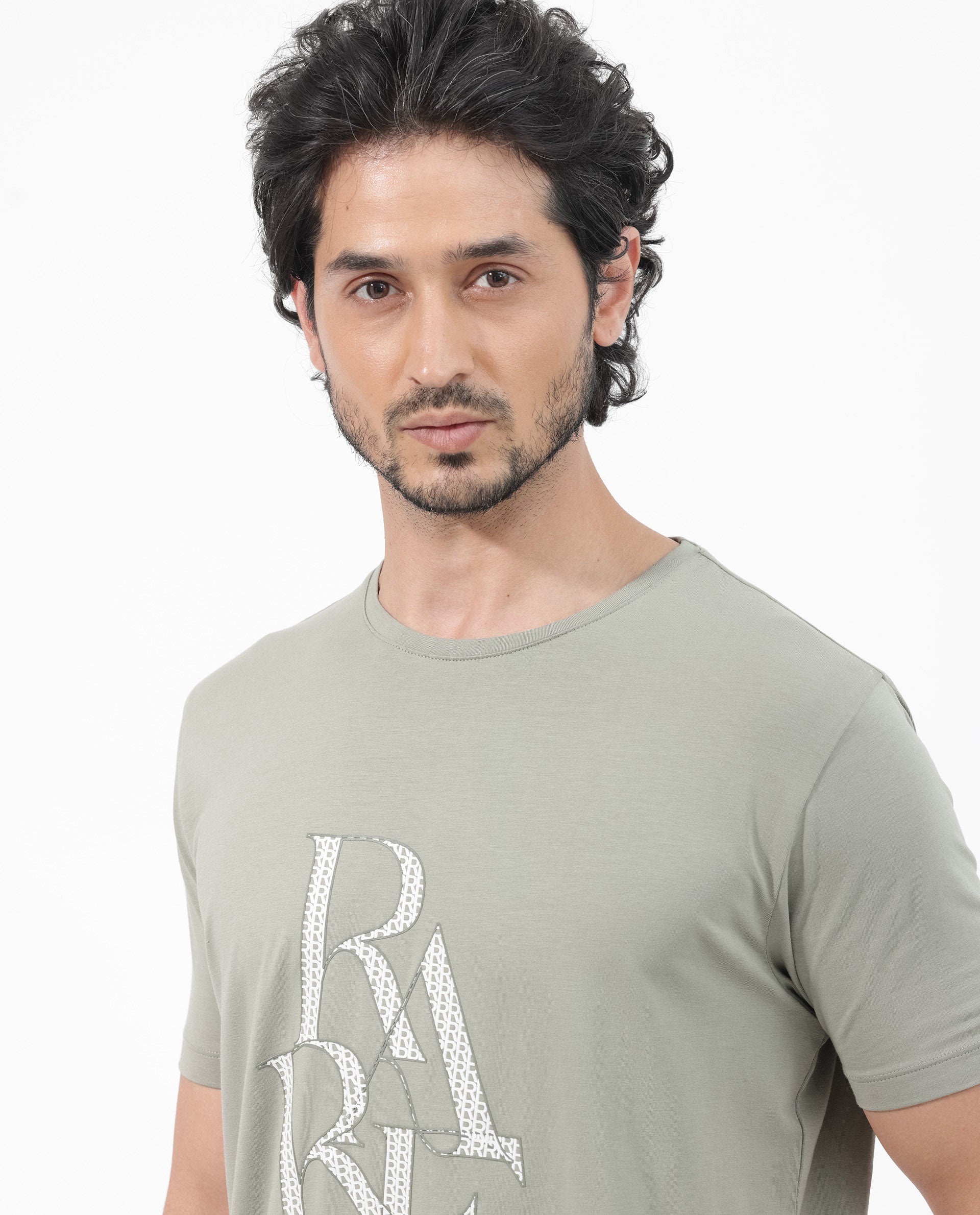 Rare Rabbit Articale Mens Perrin Dusky Green Cotton Polyester Fabric Short Sleeve Crew Neck Slim Fit Graphic Printed T-Shirt