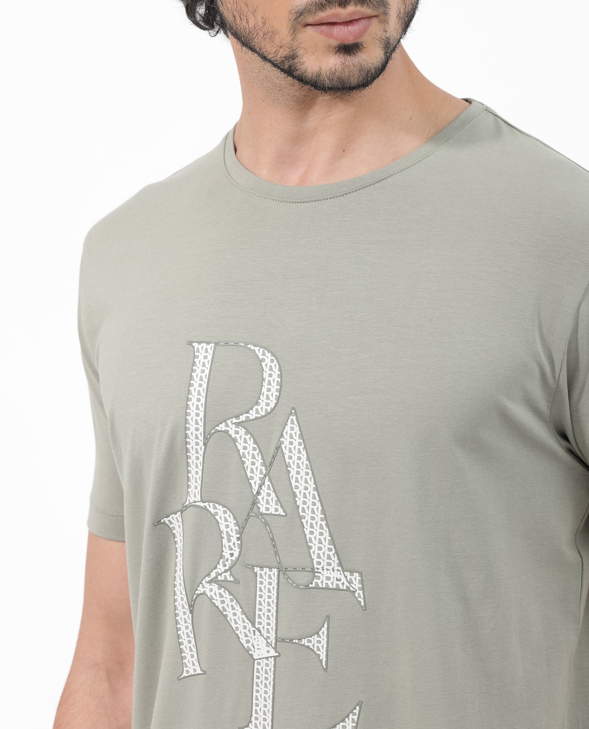 Rare Rabbit Articale Mens Perrin Dusky Green Cotton Polyester Fabric Short Sleeve Crew Neck Slim Fit Graphic Printed T-Shirt