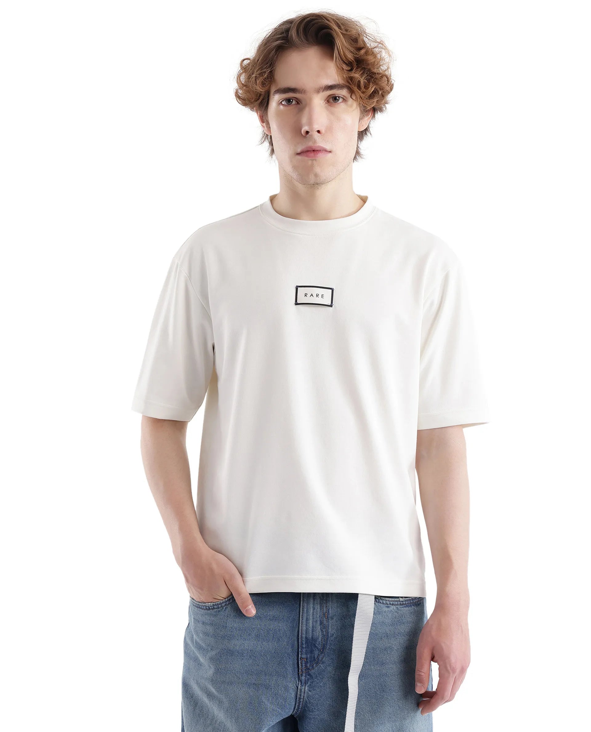 Rare Rabbit Men Persus Off White Cotton Poly Fabric Short Sleeve Boxy Fit Printed T-Shirt