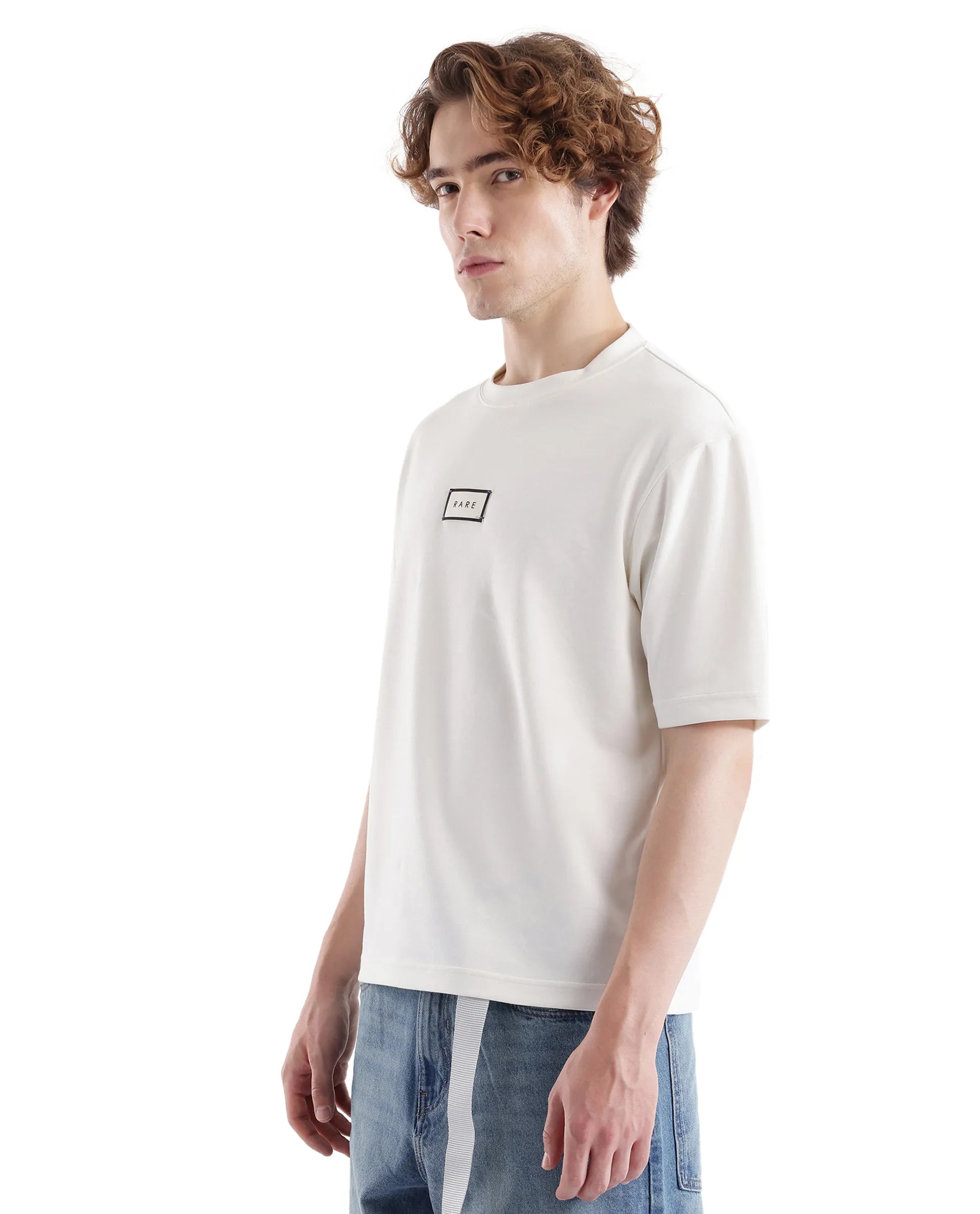 Rare Rabbit Men Persus Off White Cotton Poly Fabric Short Sleeve Boxy Fit Printed T-Shirt