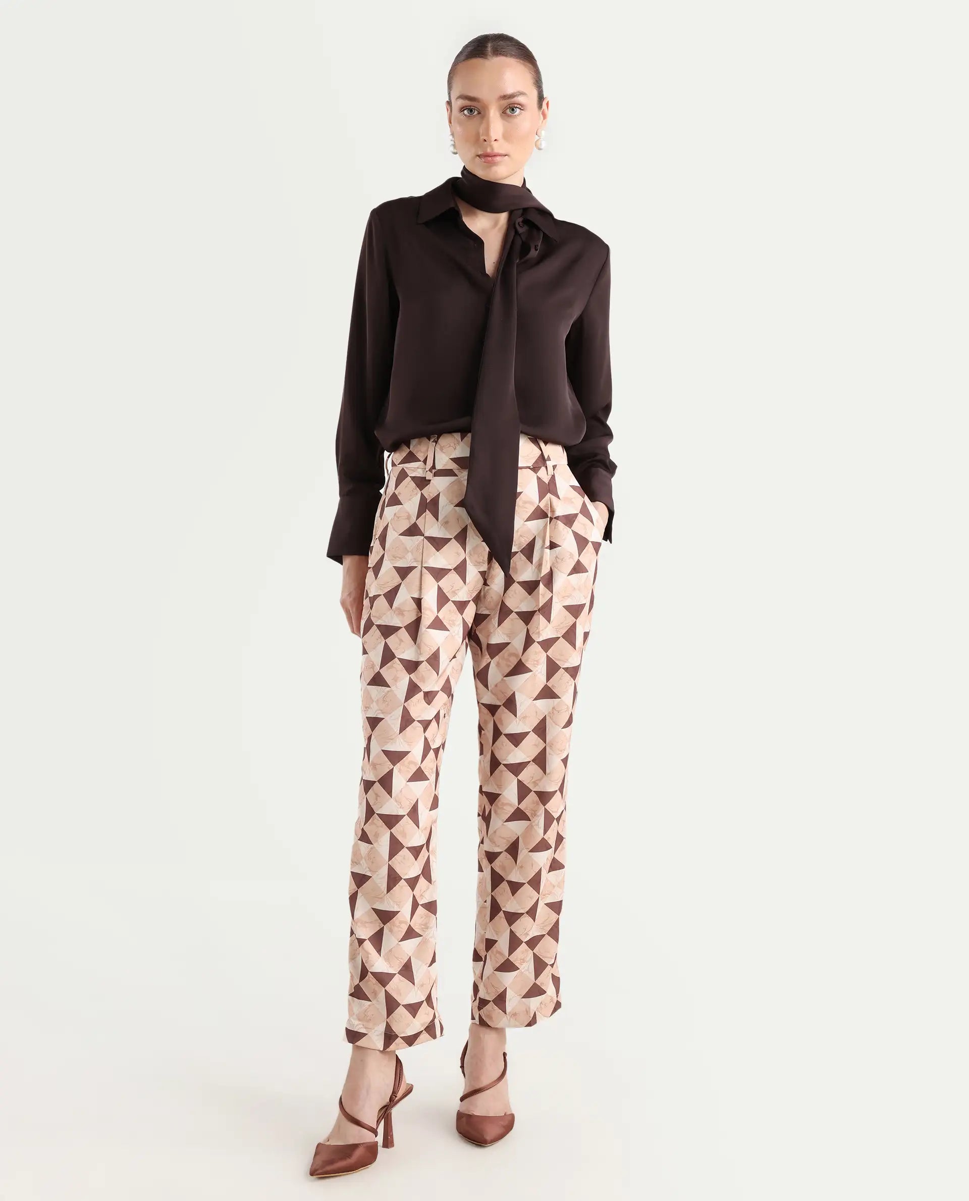 Rareism Women's Perugia Light Brown Polyester Geometric Print Ankle Length Tapered Trouser