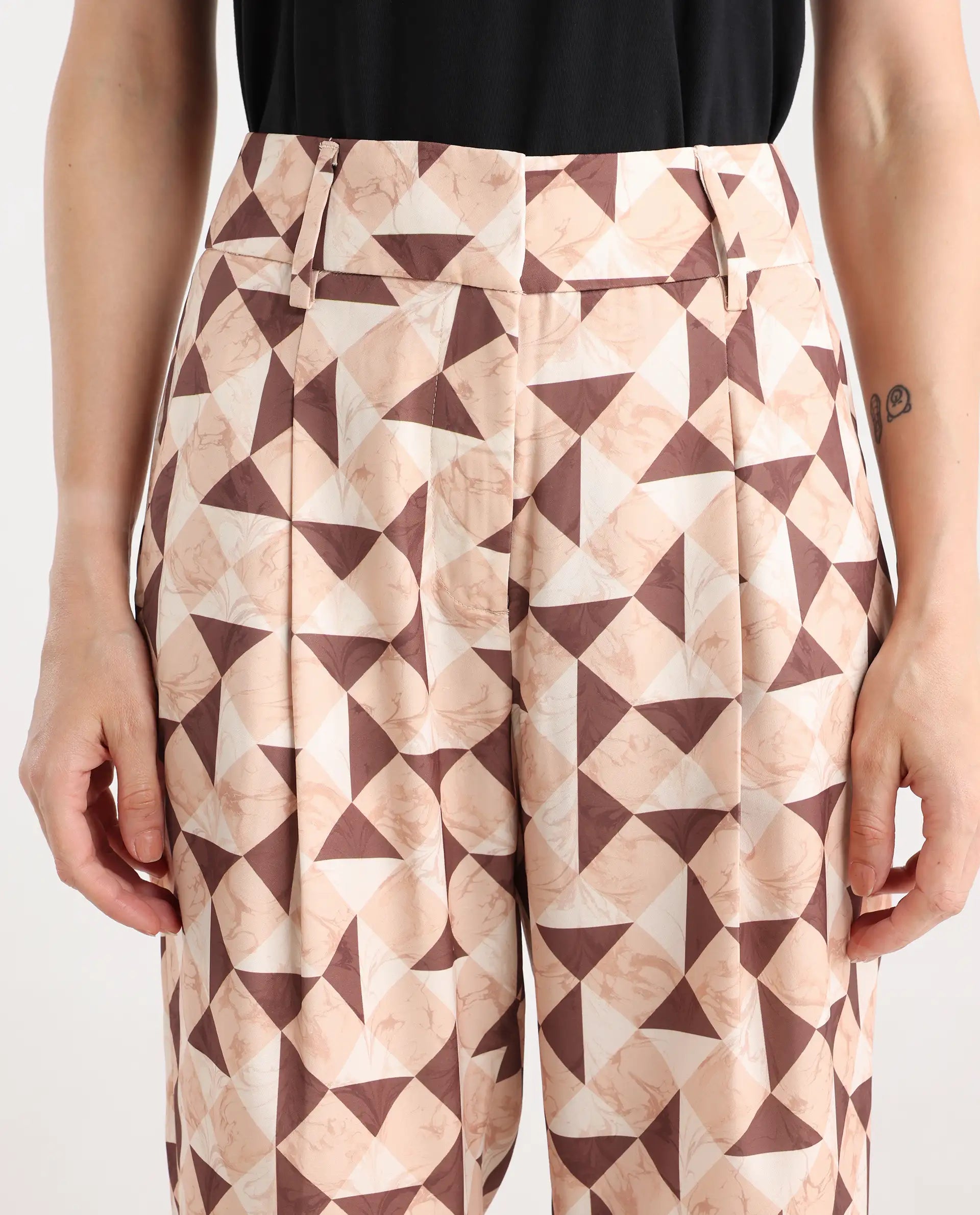 Rareism Women's Perugia Light Brown Polyester Geometric Print Ankle Length Tapered Trouser