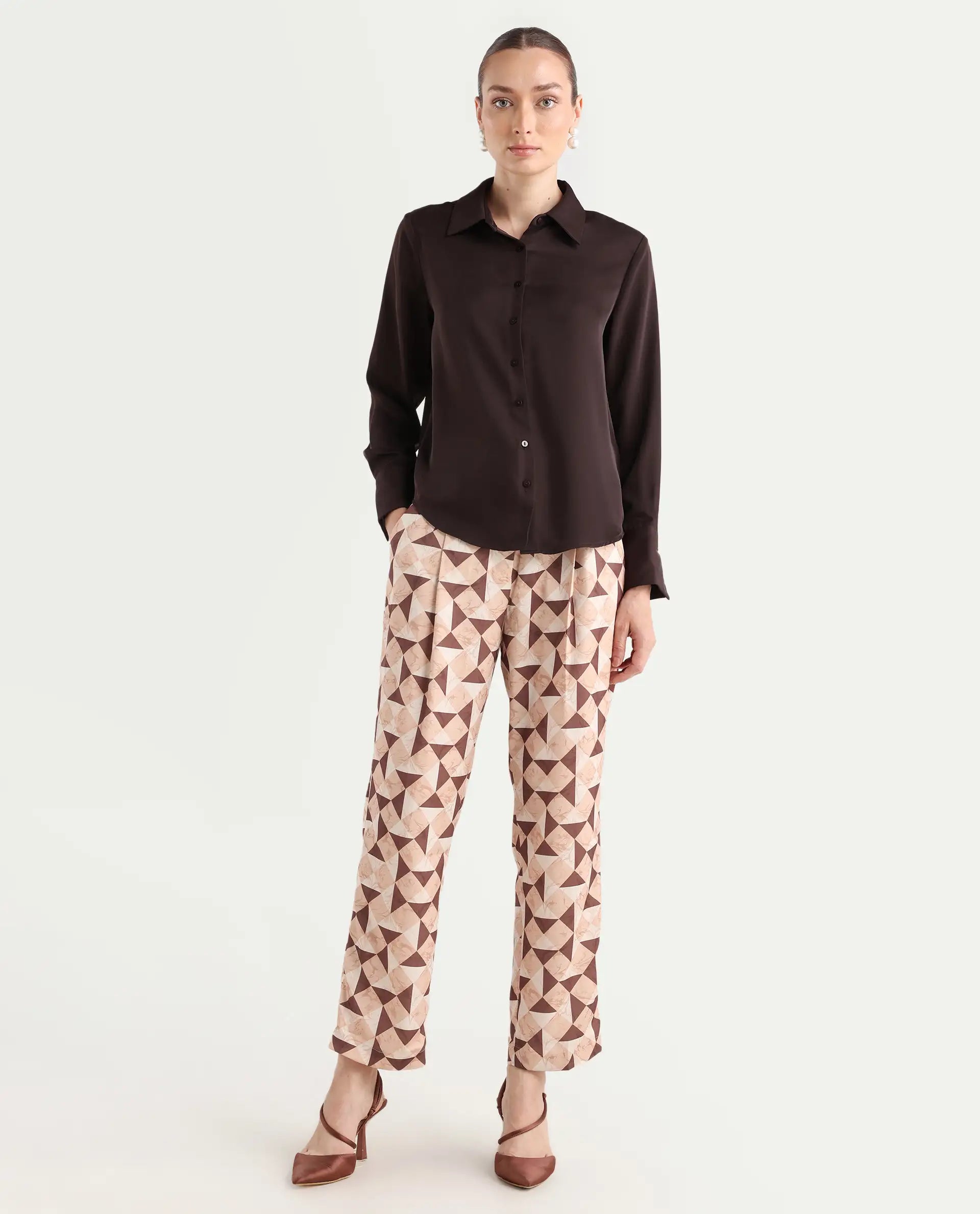 Rareism Women's Perugia Light Brown Polyester Geometric Print Ankle Length Tapered Trouser