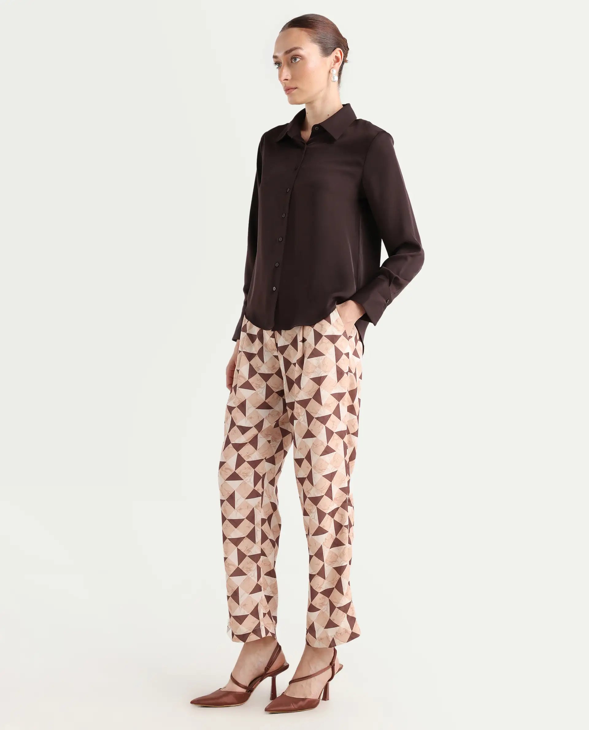 Rareism Women's Perugia Light Brown Polyester Geometric Print Ankle Length Tapered Trouser