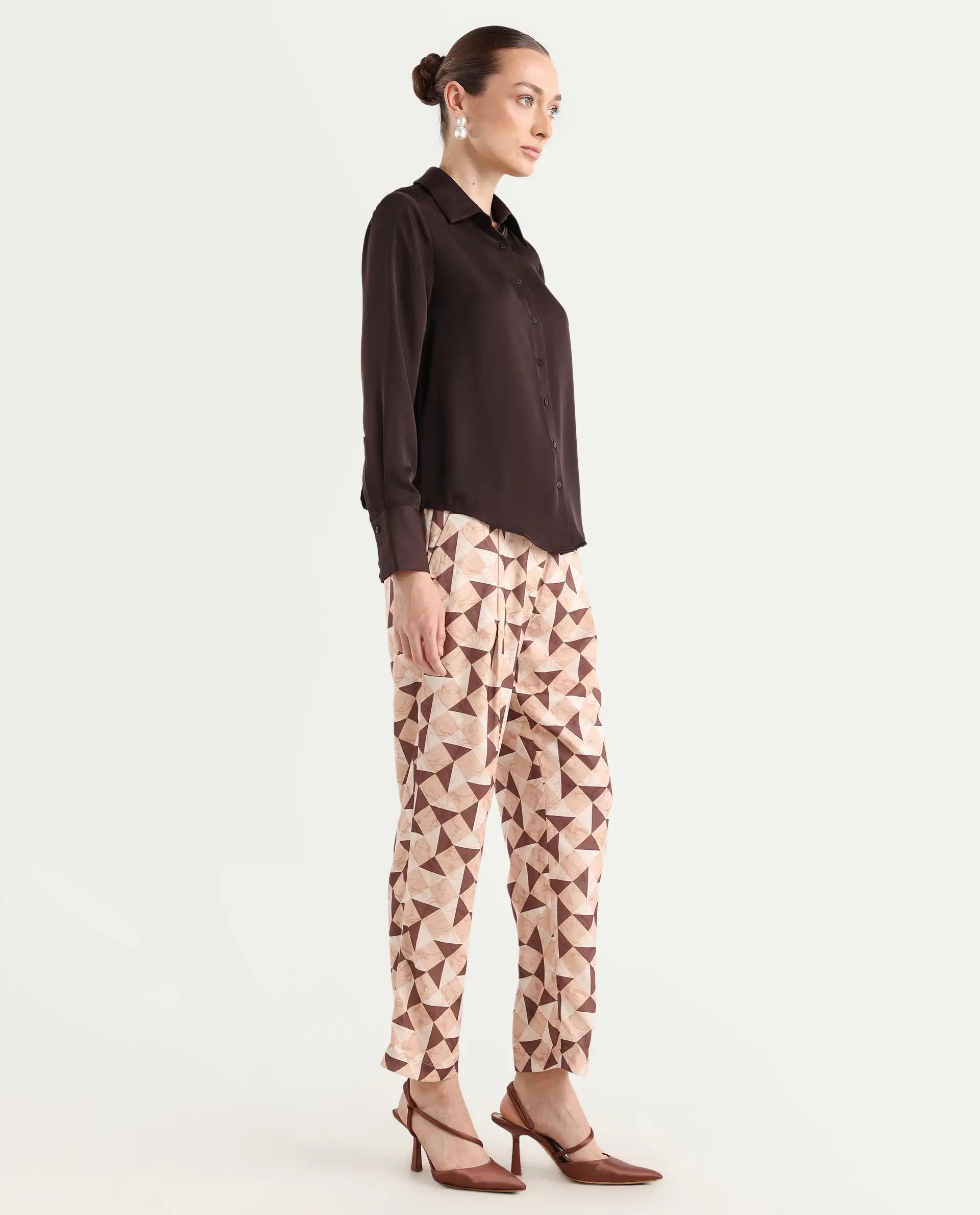 Rareism Women's Perugia Light Brown Polyester Geometric Print Ankle Length Tapered Trouser