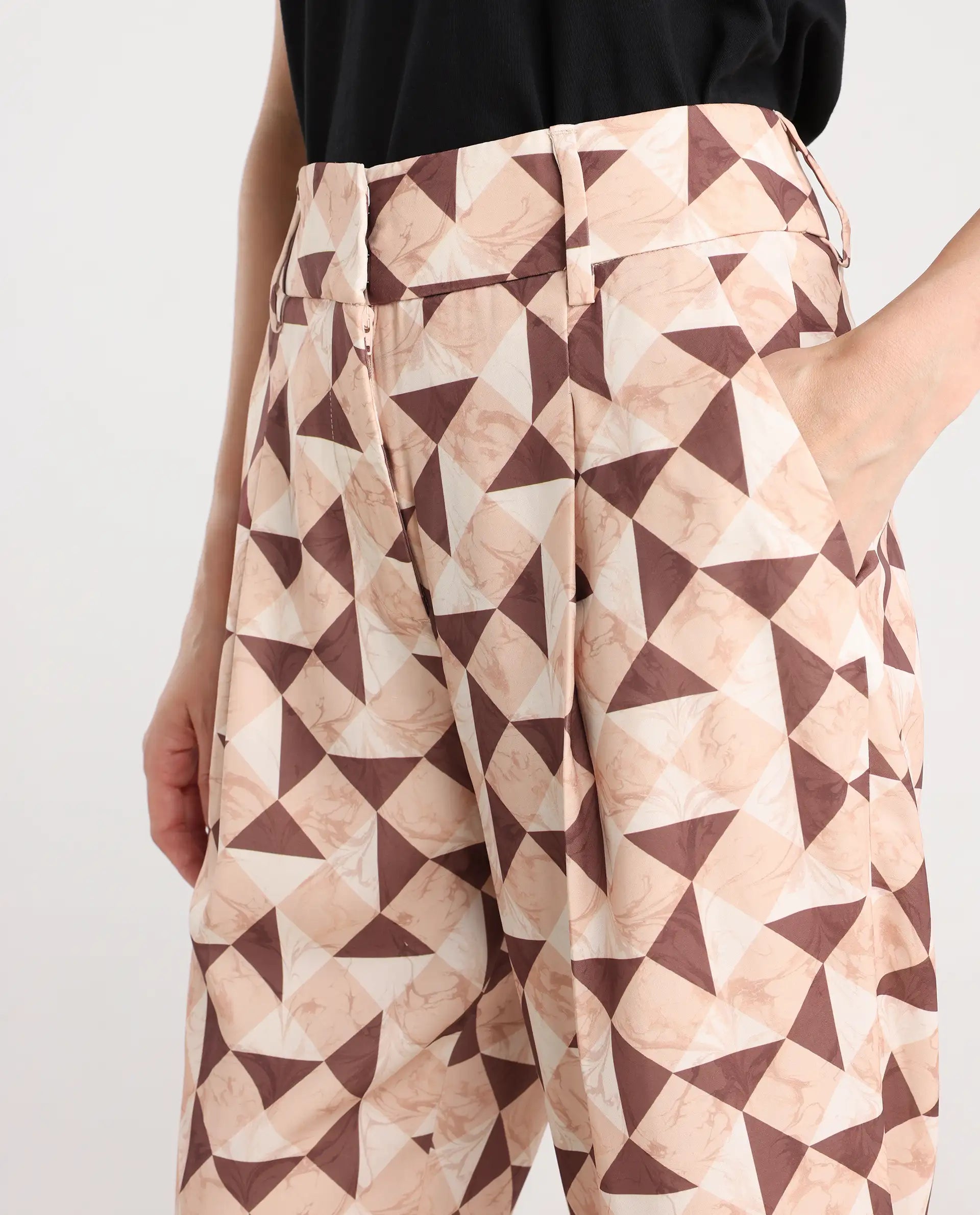 Rareism Women's Perugia Light Brown Polyester Geometric Print Ankle Length Tapered Trouser