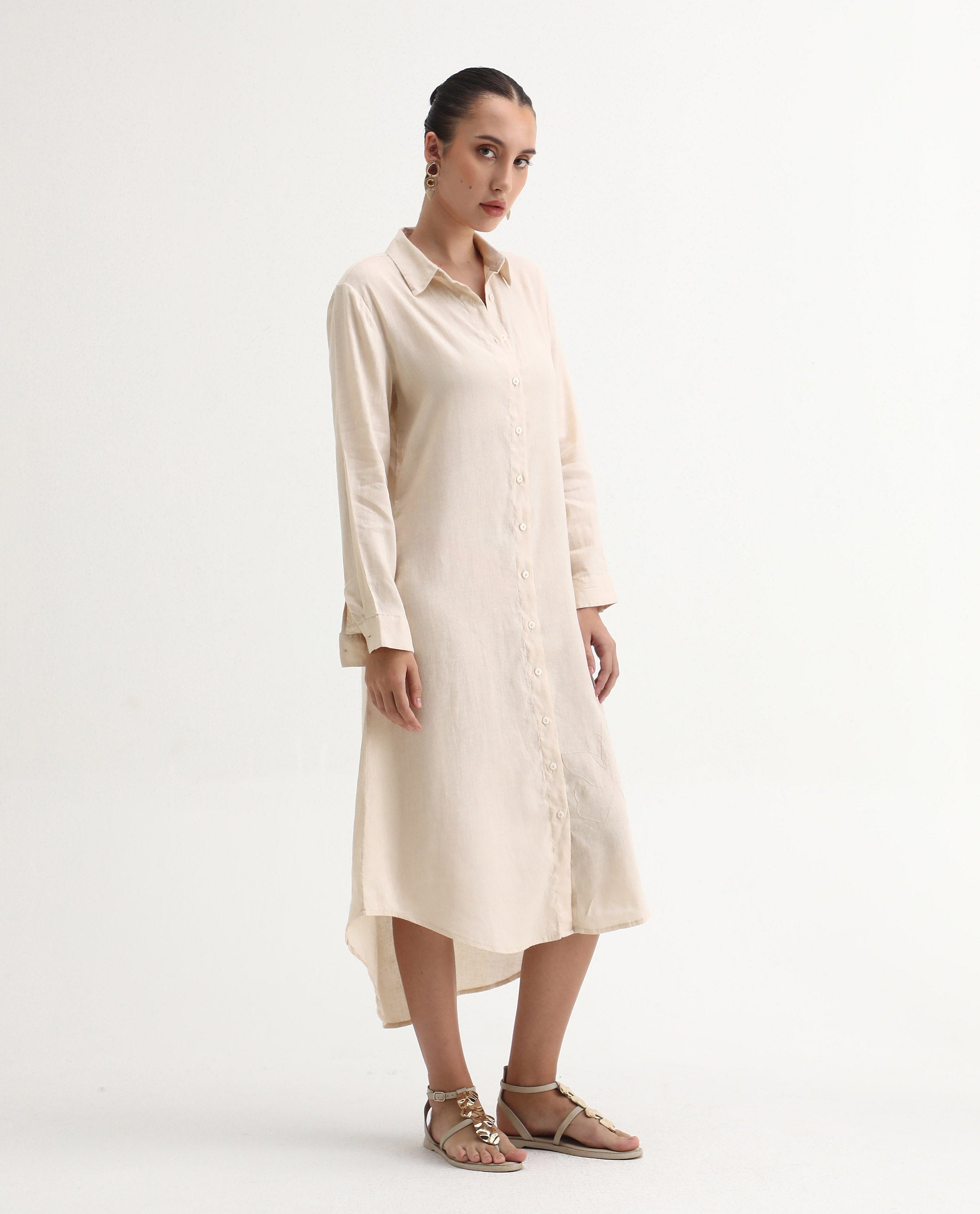 Rareism Women's Peruviano Beige Cotton Blend Drop Collar Plain Cuffed Sleeve Midi A-Line Dress