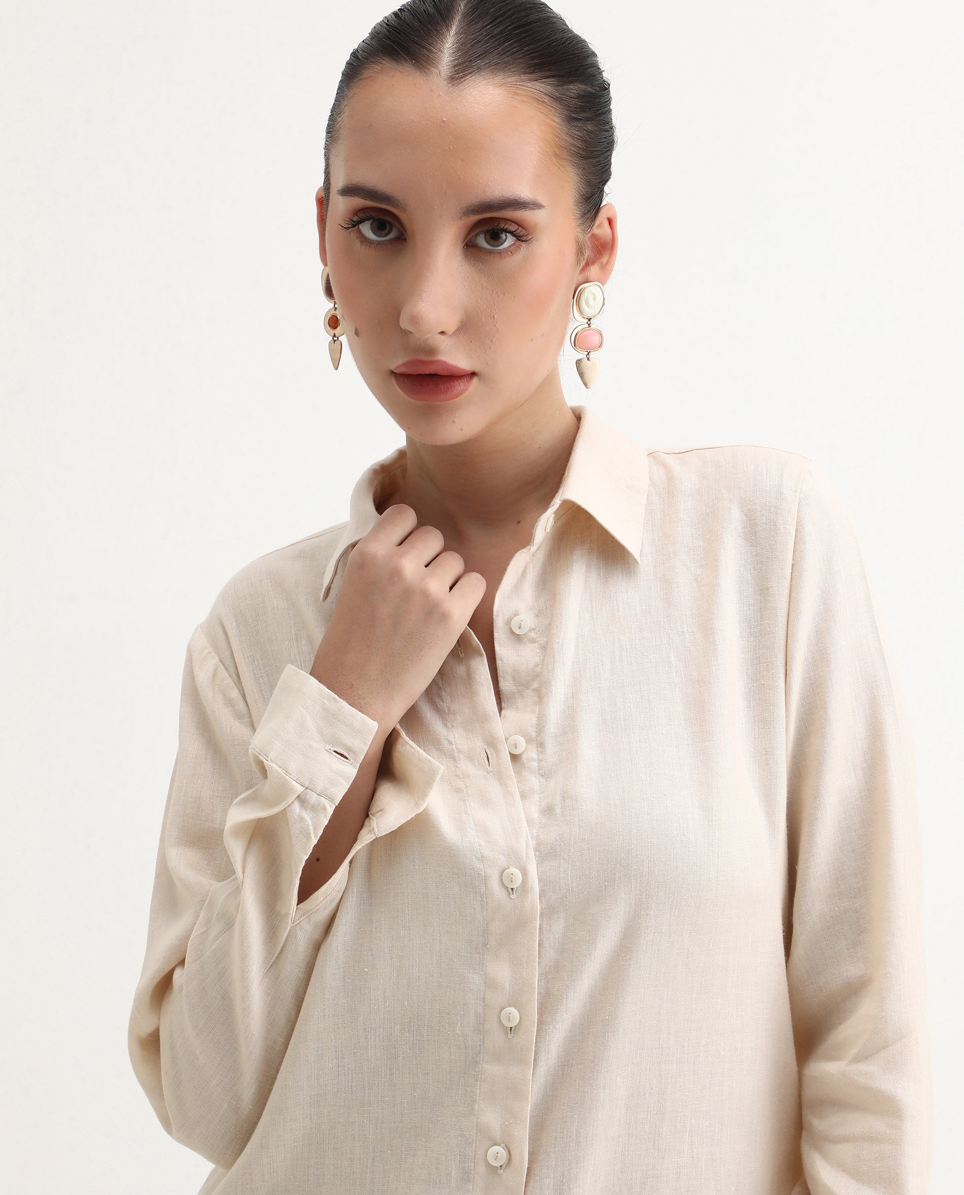 Rareism Women's Peruviano Beige Cotton Blend Drop Collar Plain Cuffed Sleeve Midi A-Line Dress