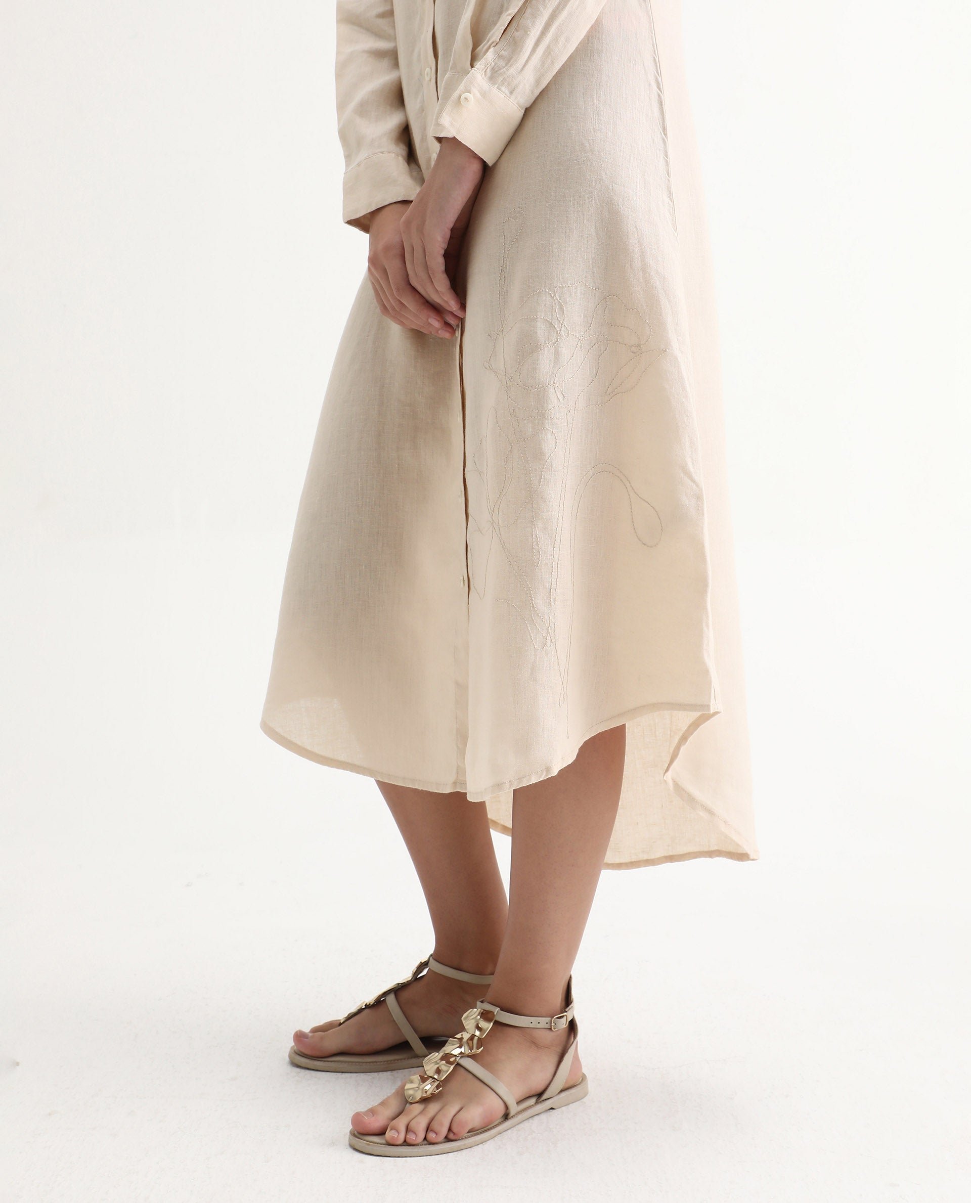 Rareism Women's Peruviano Beige Cotton Blend Drop Collar Plain Cuffed Sleeve Midi A-Line Dress