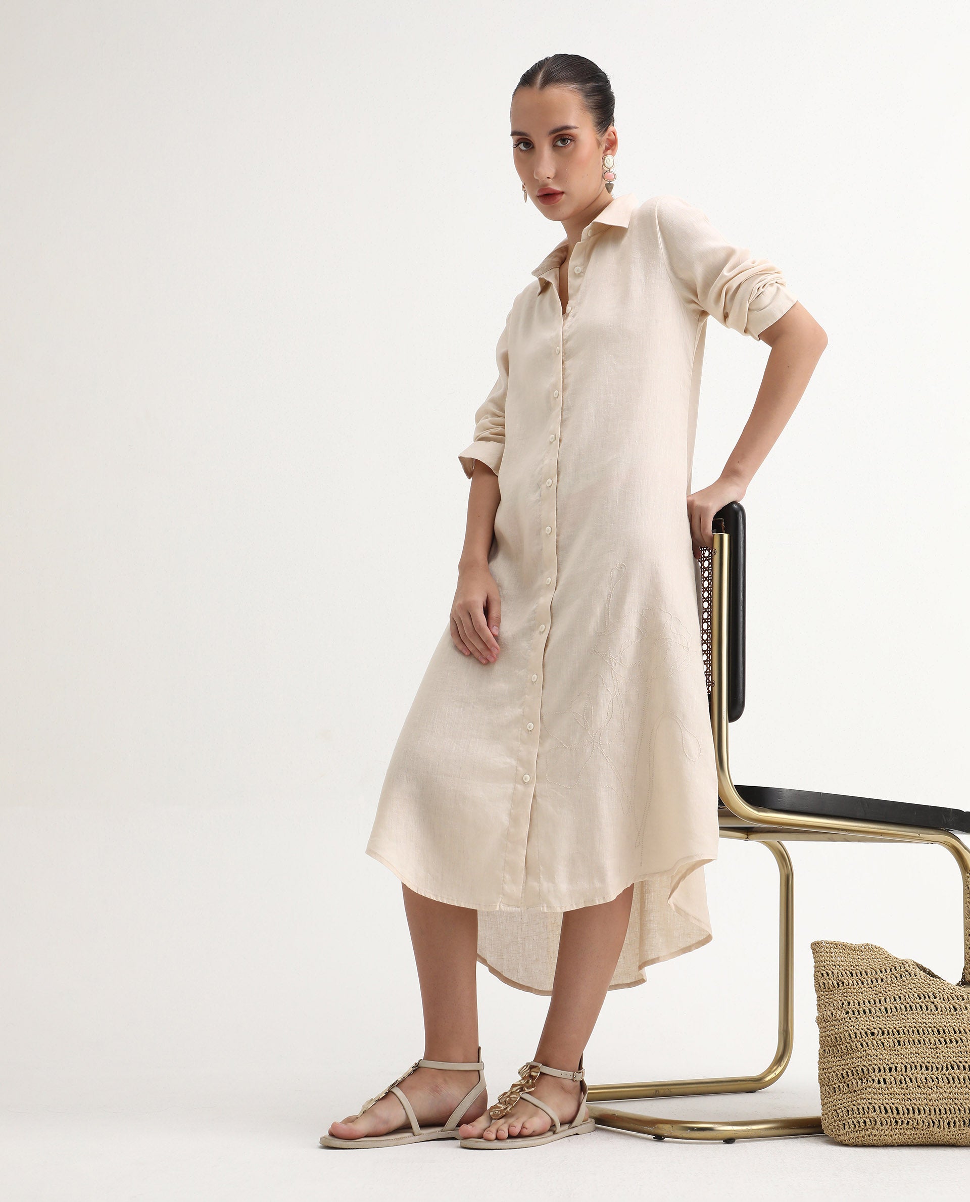 Rareism Women's Peruviano Beige Cotton Blend Drop Collar Plain Cuffed Sleeve Midi A-Line Dress