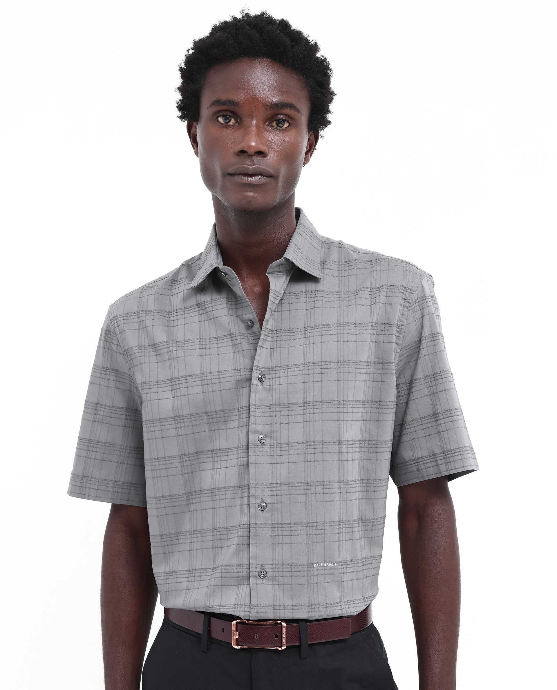 Rare Rabbit Men's Pesca Dusky Grey Cotton Polyester Fabric Short Sleeve Boxy Fit Checks Shirt