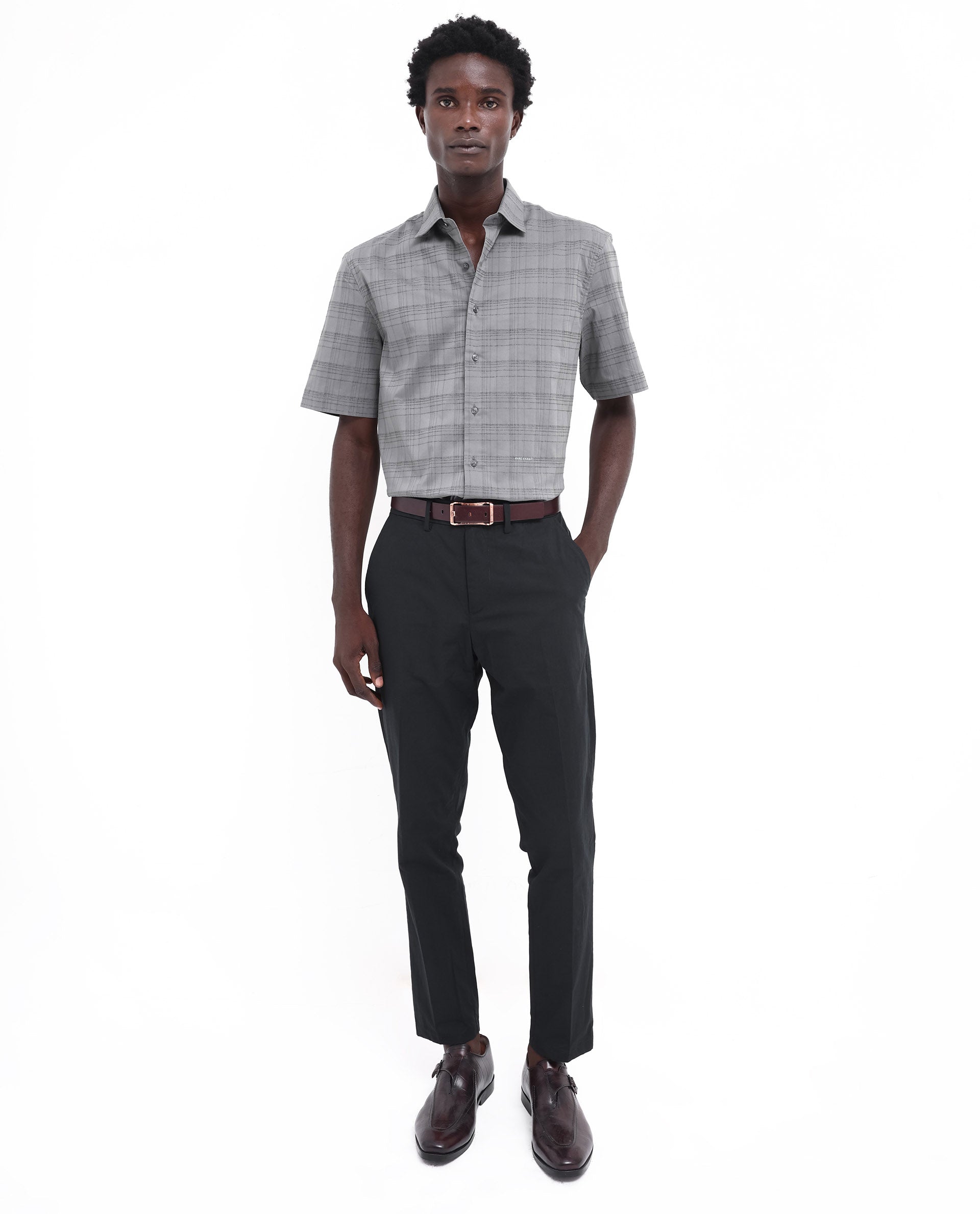 Rare Rabbit Men's Pesca Dusky Grey Cotton Polyester Fabric Short Sleeve Boxy Fit Checks Shirt