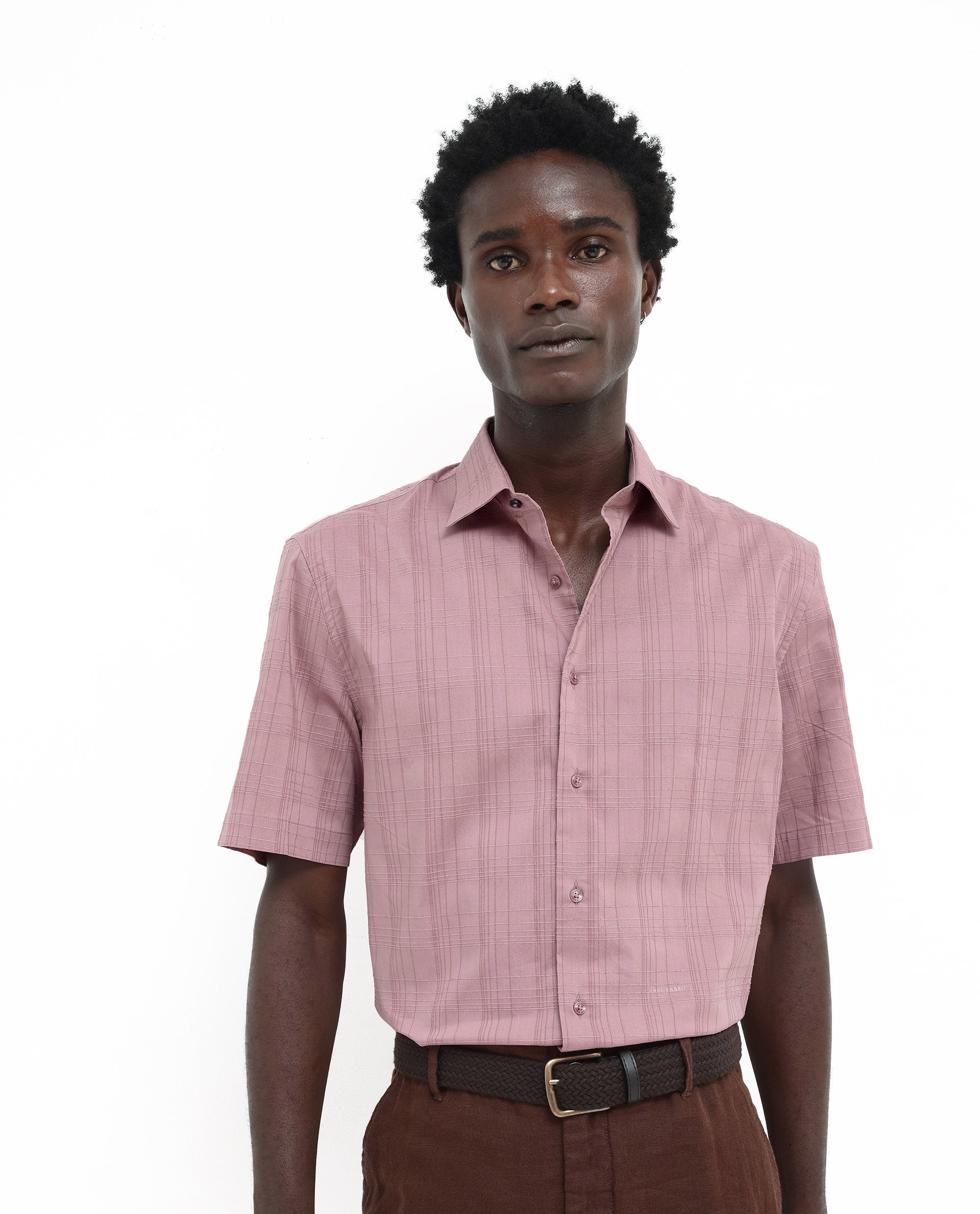 Rare Rabbit Men's Pesca Dusky Pink Cotton Polyester Fabric Short Sleeve Boxy Fit Checks Shirt