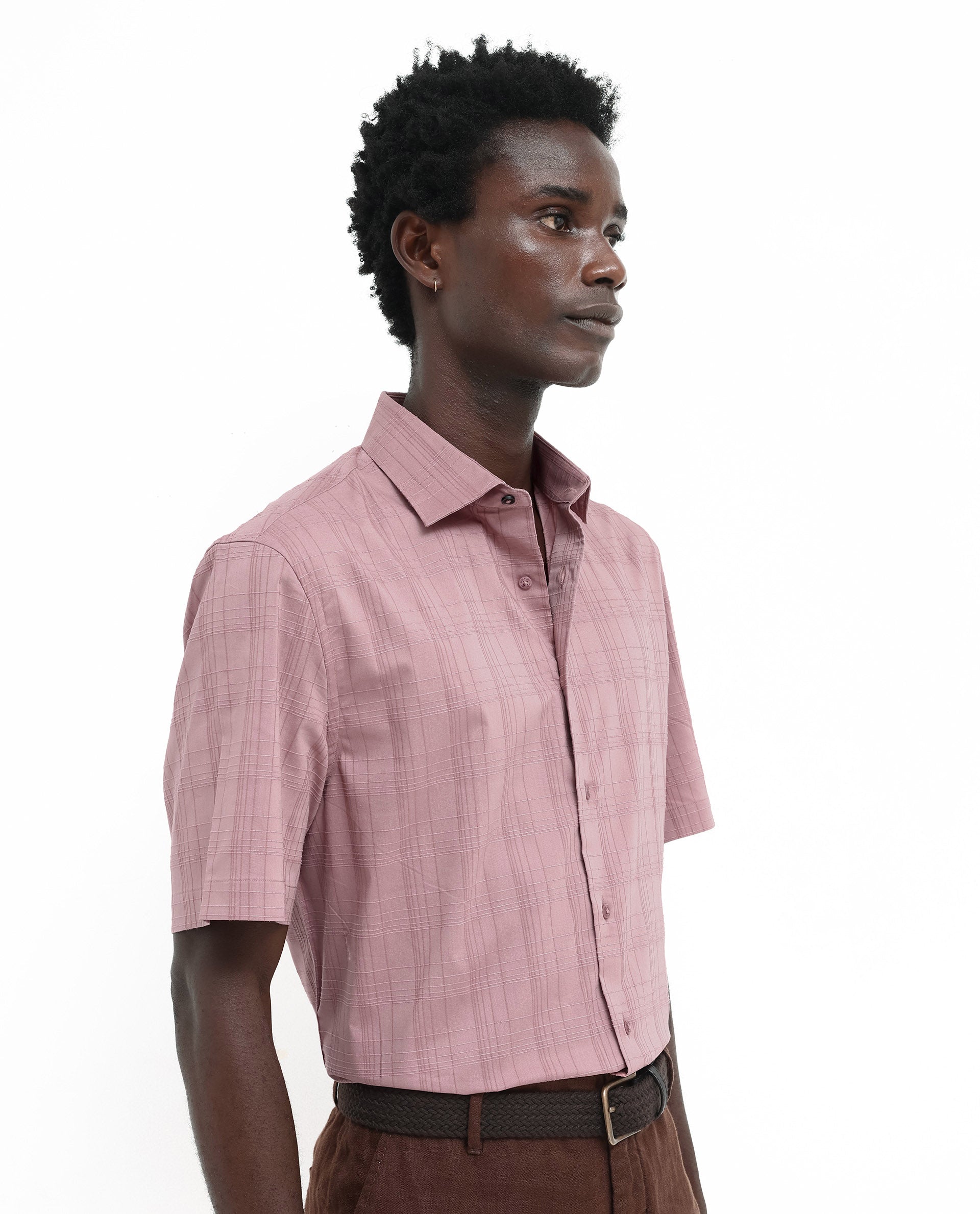 Rare Rabbit Men's Pesca Dusky Pink Cotton Polyester Fabric Short Sleeve Boxy Fit Checks Shirt