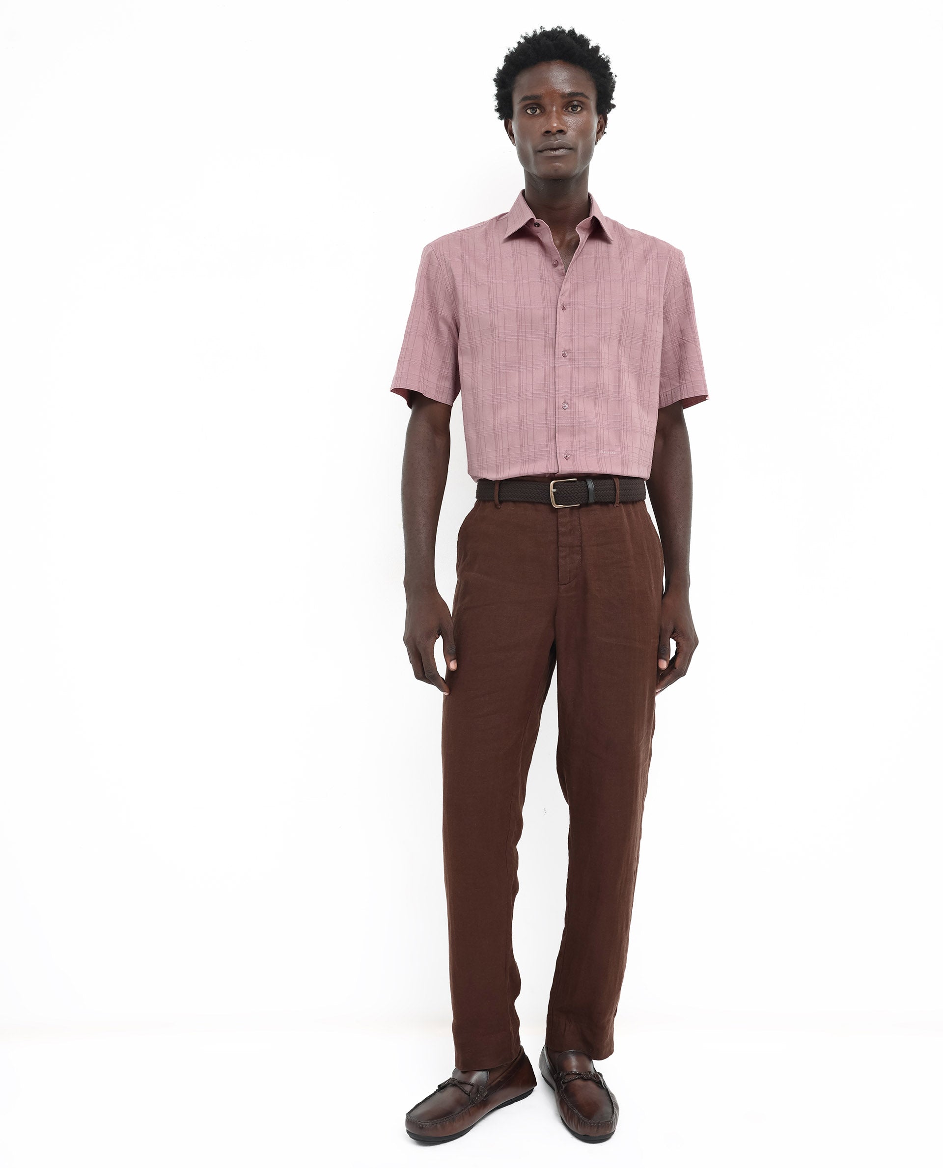 Rare Rabbit Men's Pesca Dusky Pink Cotton Polyester Fabric Short Sleeve Boxy Fit Checks Shirt