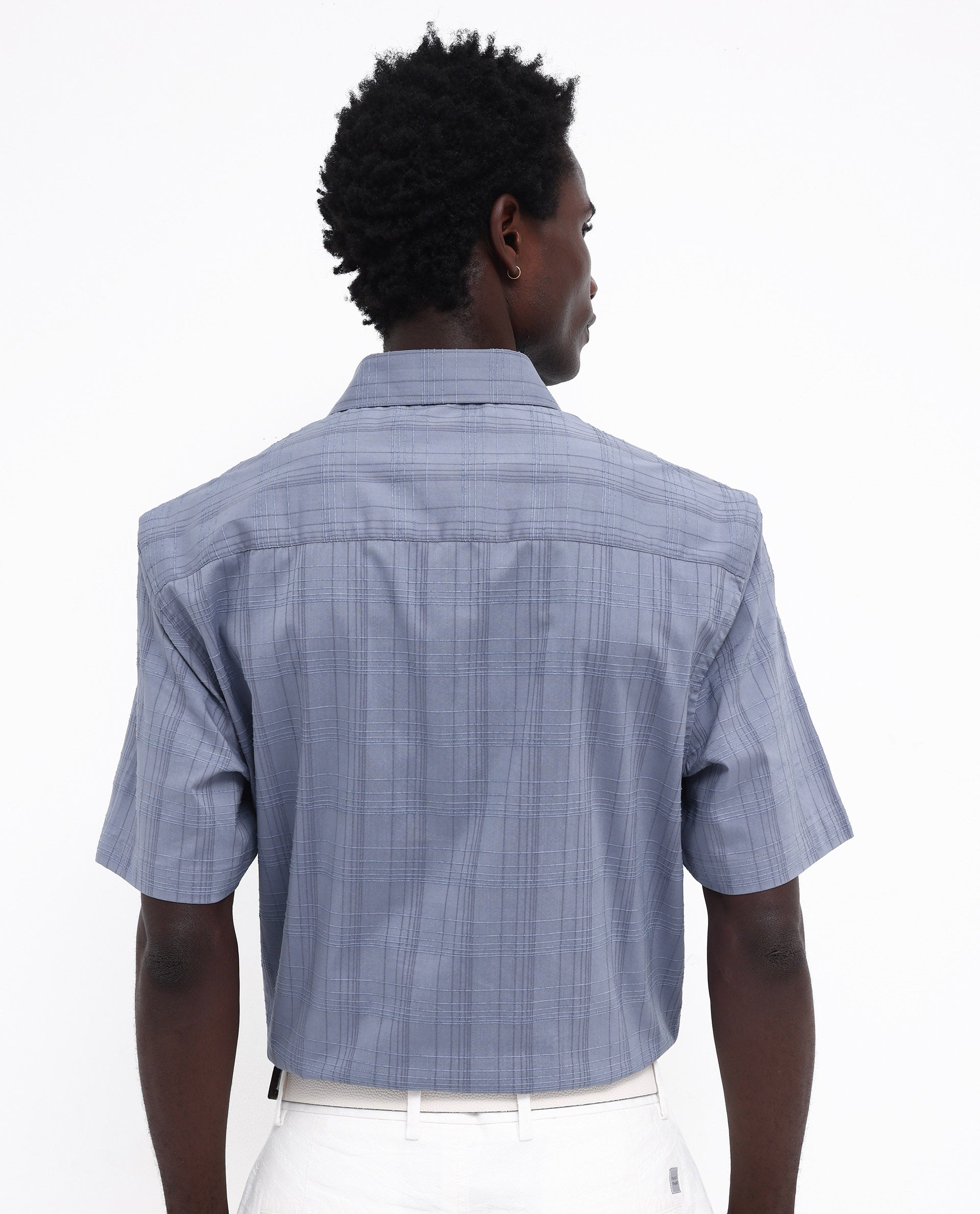 Rare Rabbit Men's Pesca Dusky Blue Cotton Polyester Fabric Short Sleeve Boxy Fit Checks Shirt