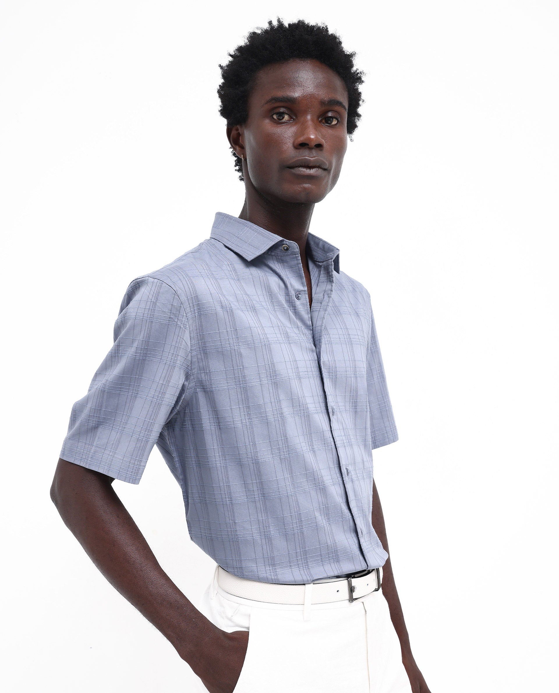 Rare Rabbit Men's Pesca Dusky Blue Cotton Polyester Fabric Short Sleeve Boxy Fit Checks Shirt