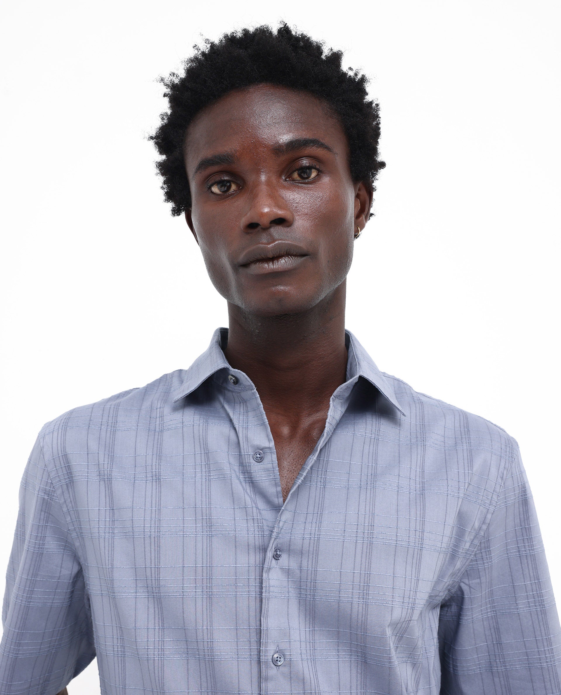 Rare Rabbit Men's Pesca Dusky Blue Cotton Polyester Fabric Short Sleeve Boxy Fit Checks Shirt