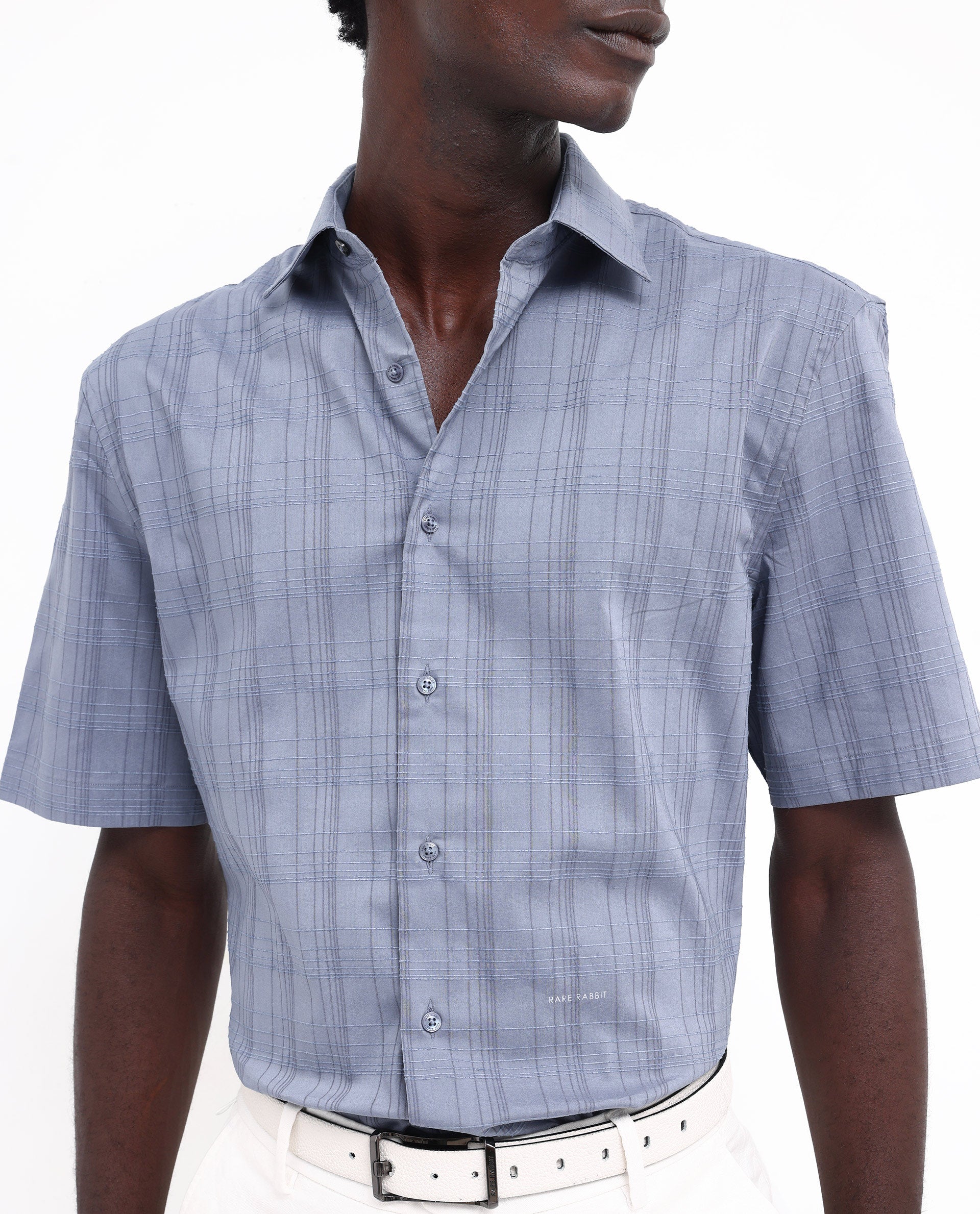 Rare Rabbit Men's Pesca Dusky Blue Cotton Polyester Fabric Short Sleeve Boxy Fit Checks Shirt