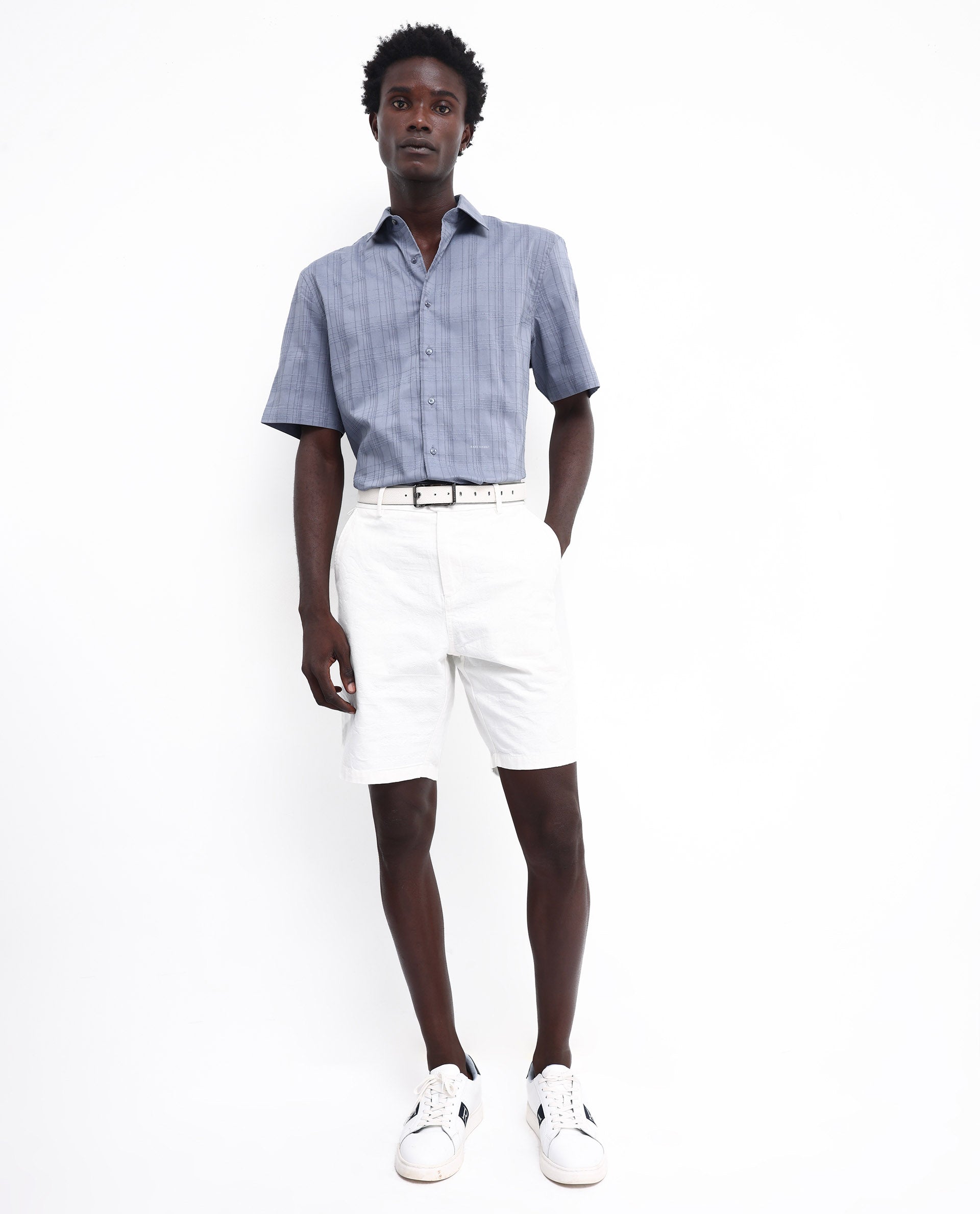 Rare Rabbit Men's Pesca Dusky Blue Cotton Polyester Fabric Short Sleeve Boxy Fit Checks Shirt