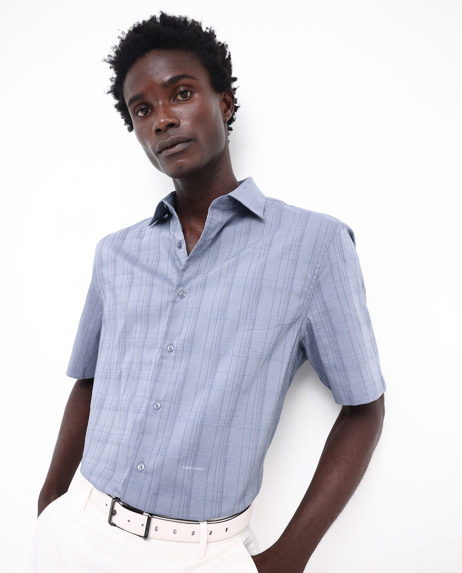 Rare Rabbit Men's Pesca Dusky Blue Cotton Polyester Fabric Short Sleeve Boxy Fit Checks Shirt