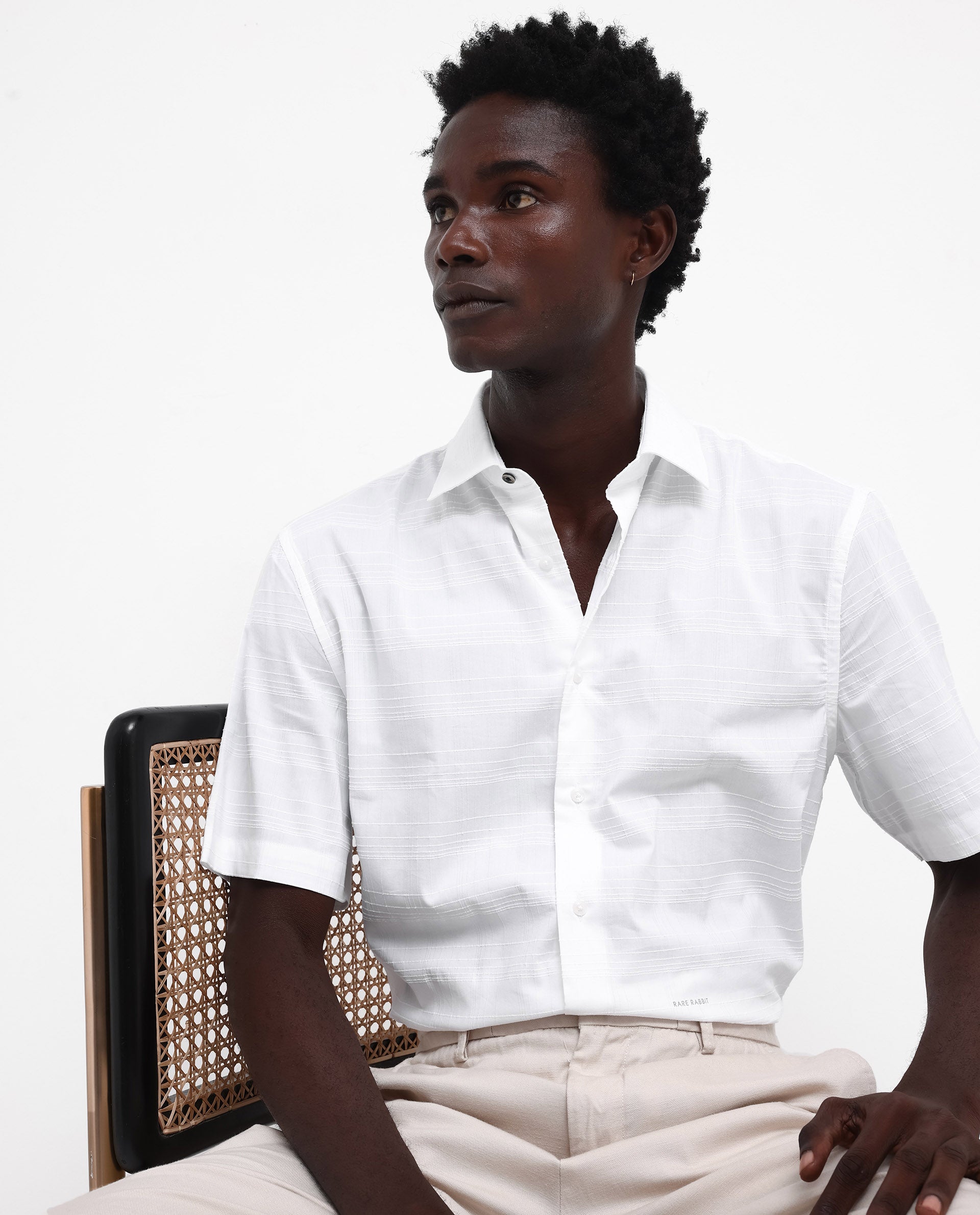 Rare Rabbit Men's Pesca White Cotton Polyester Fabric Short Sleeve Boxy Fit Checks Shirt