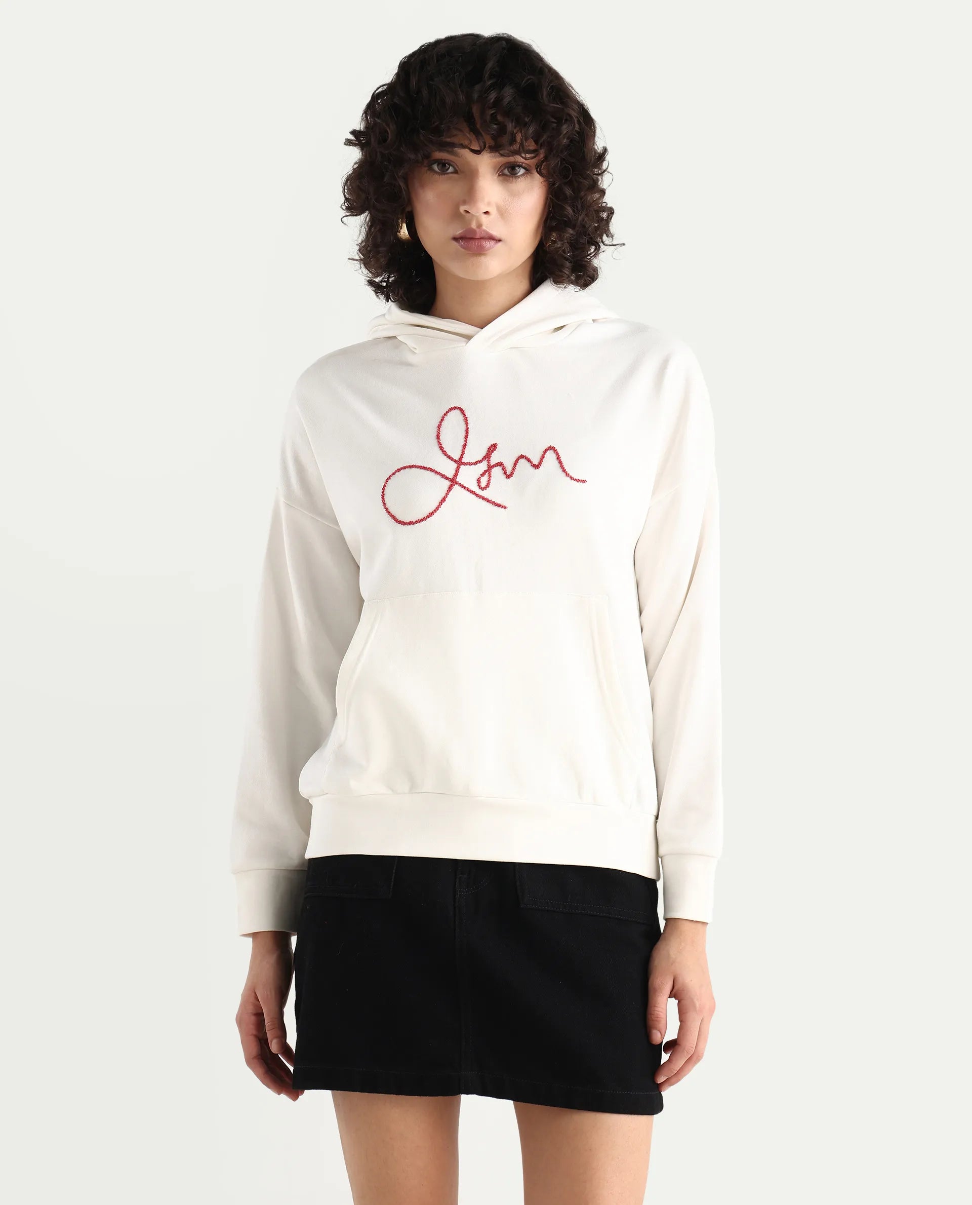 Rareism Women's Pesm Off White Knit Hooded Plain Relaxed Fit Sweatshirt