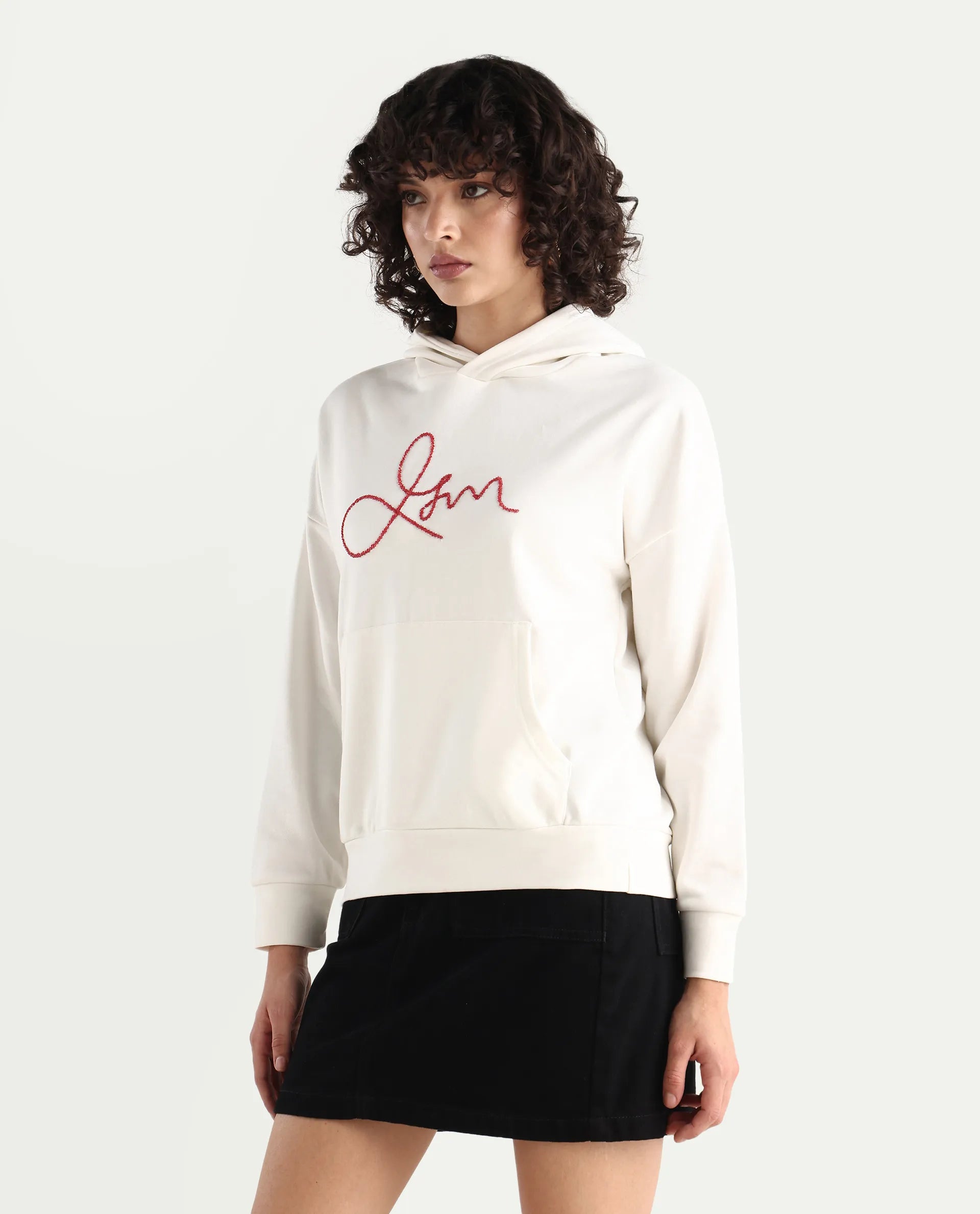 Rareism Women's Pesm Off White Knit Hooded Plain Relaxed Fit Sweatshirt