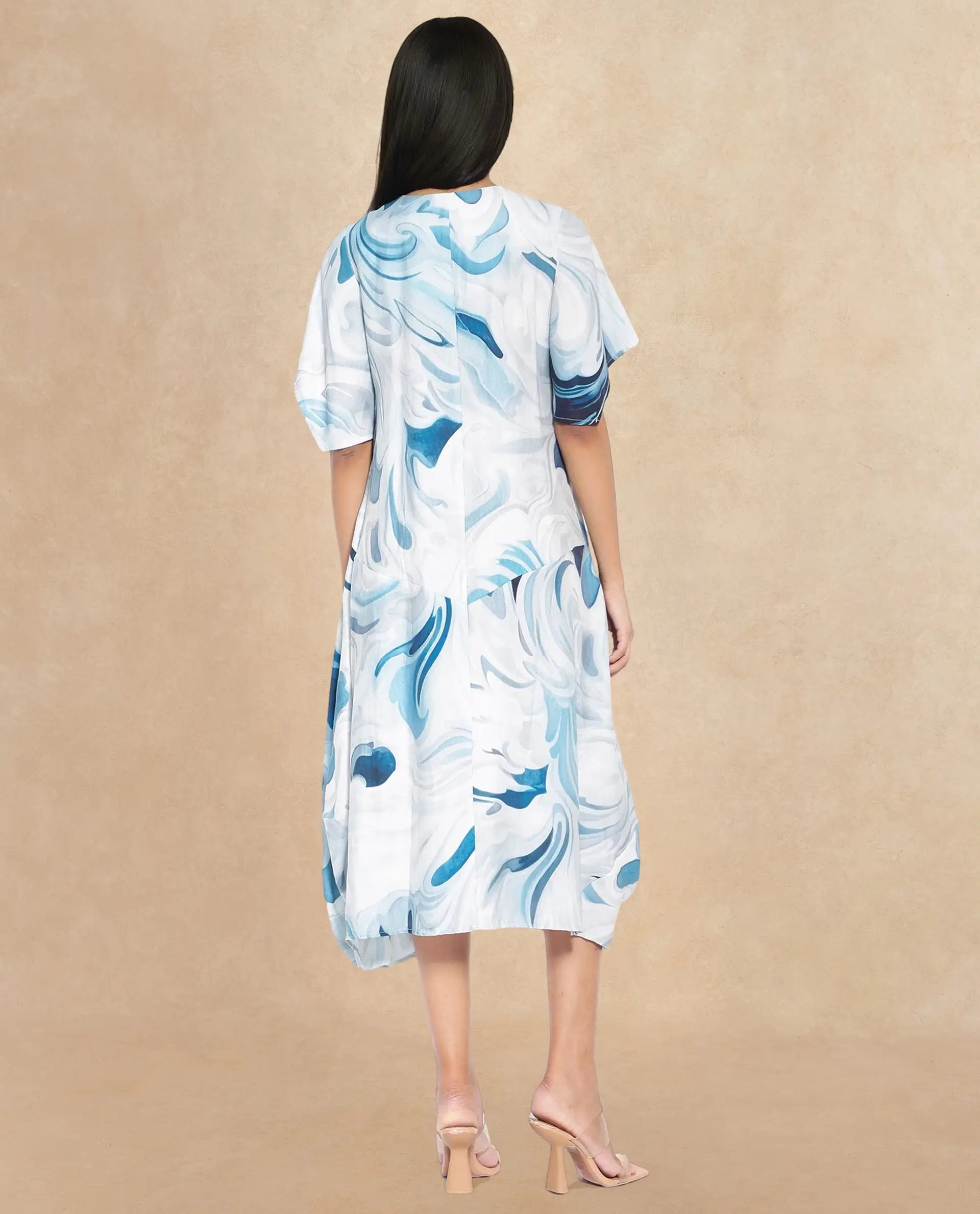 Rareism Women Pesto Light Blue 3/4Th Sleeve V-Neck Balloon Fit Abstract Print Midi Dress