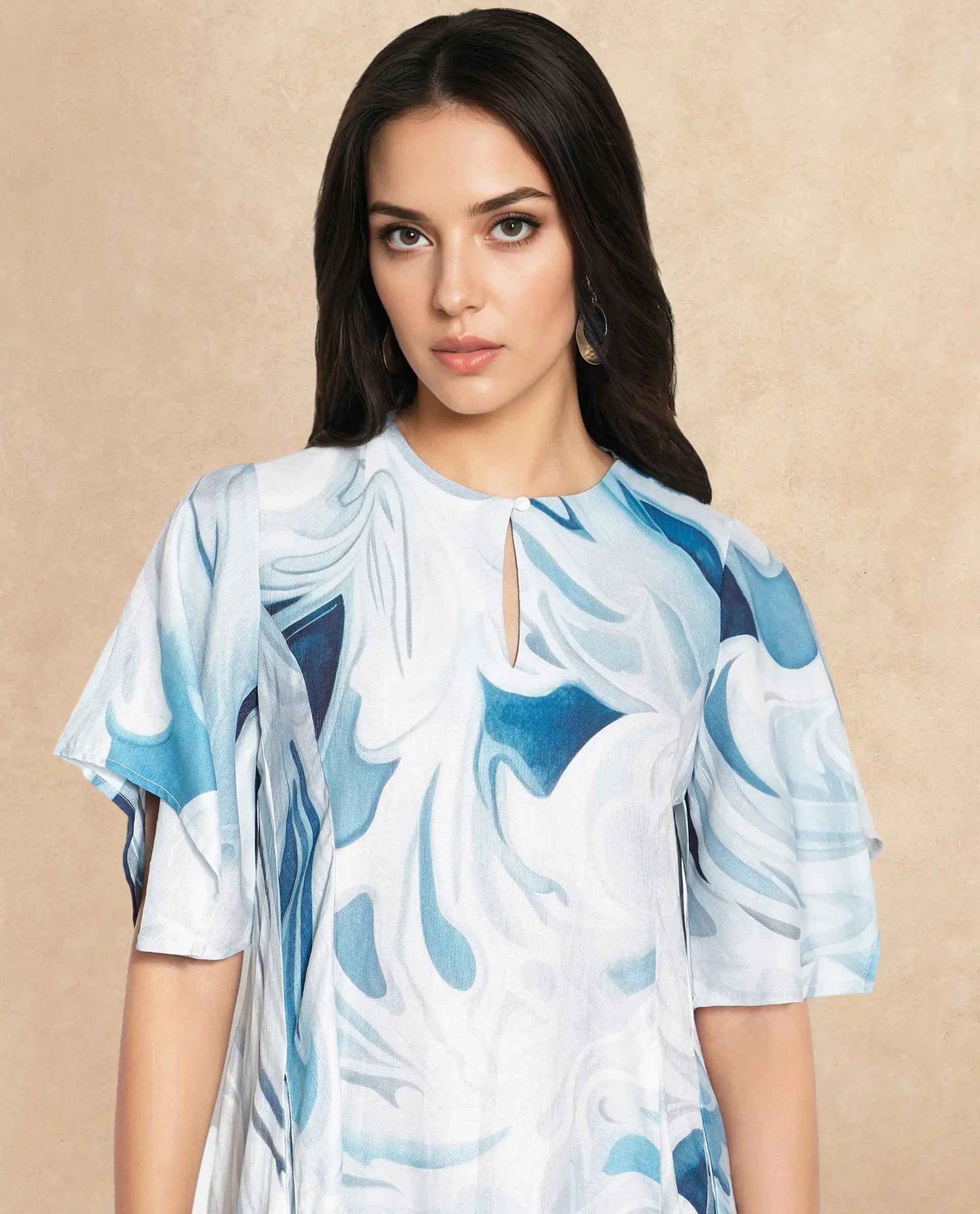 Rareism Women Pesto Light Blue 3/4Th Sleeve V-Neck Balloon Fit Abstract Print Midi Dress