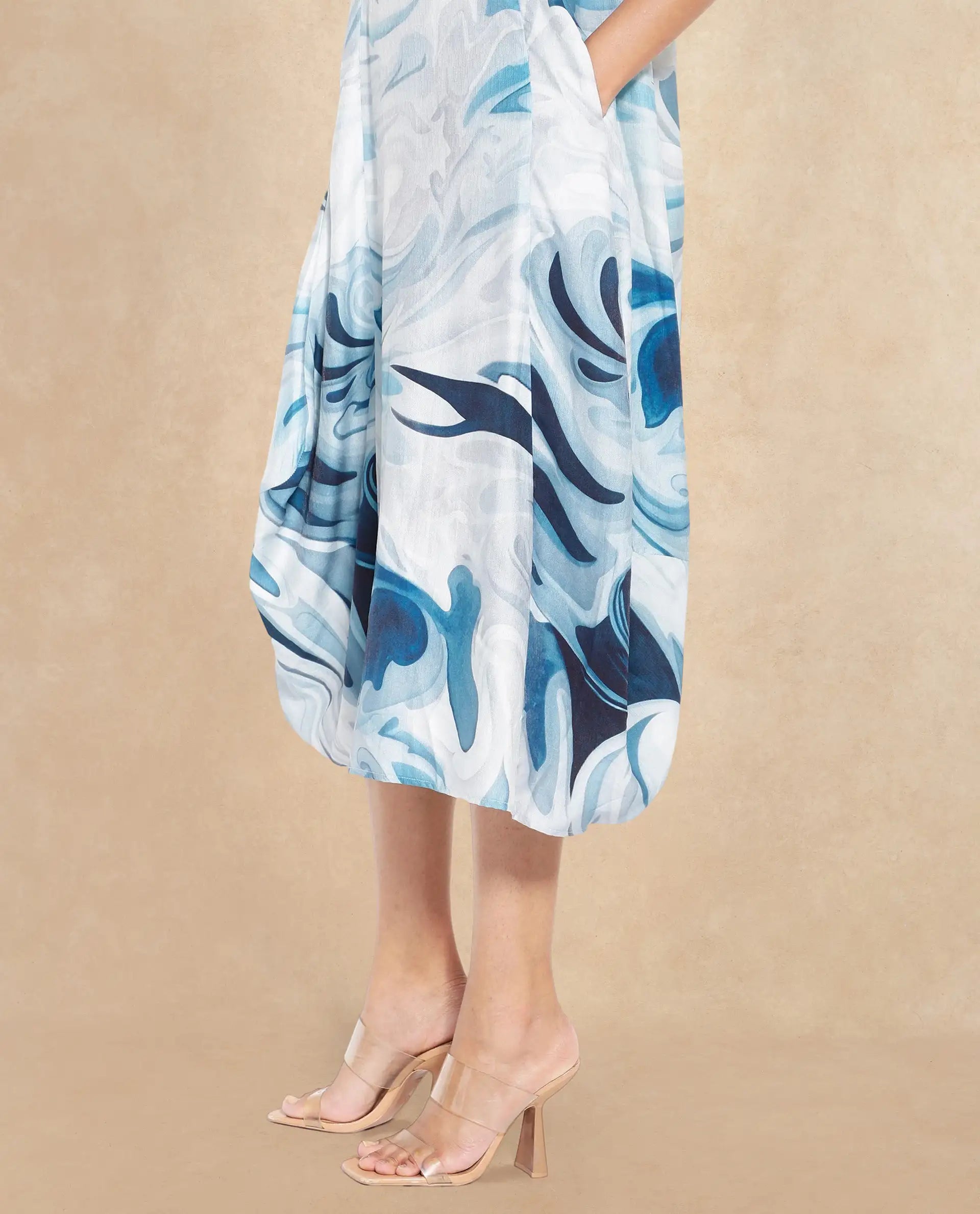 Rareism Women Pesto Light Blue 3/4Th Sleeve V-Neck Balloon Fit Abstract Print Midi Dress