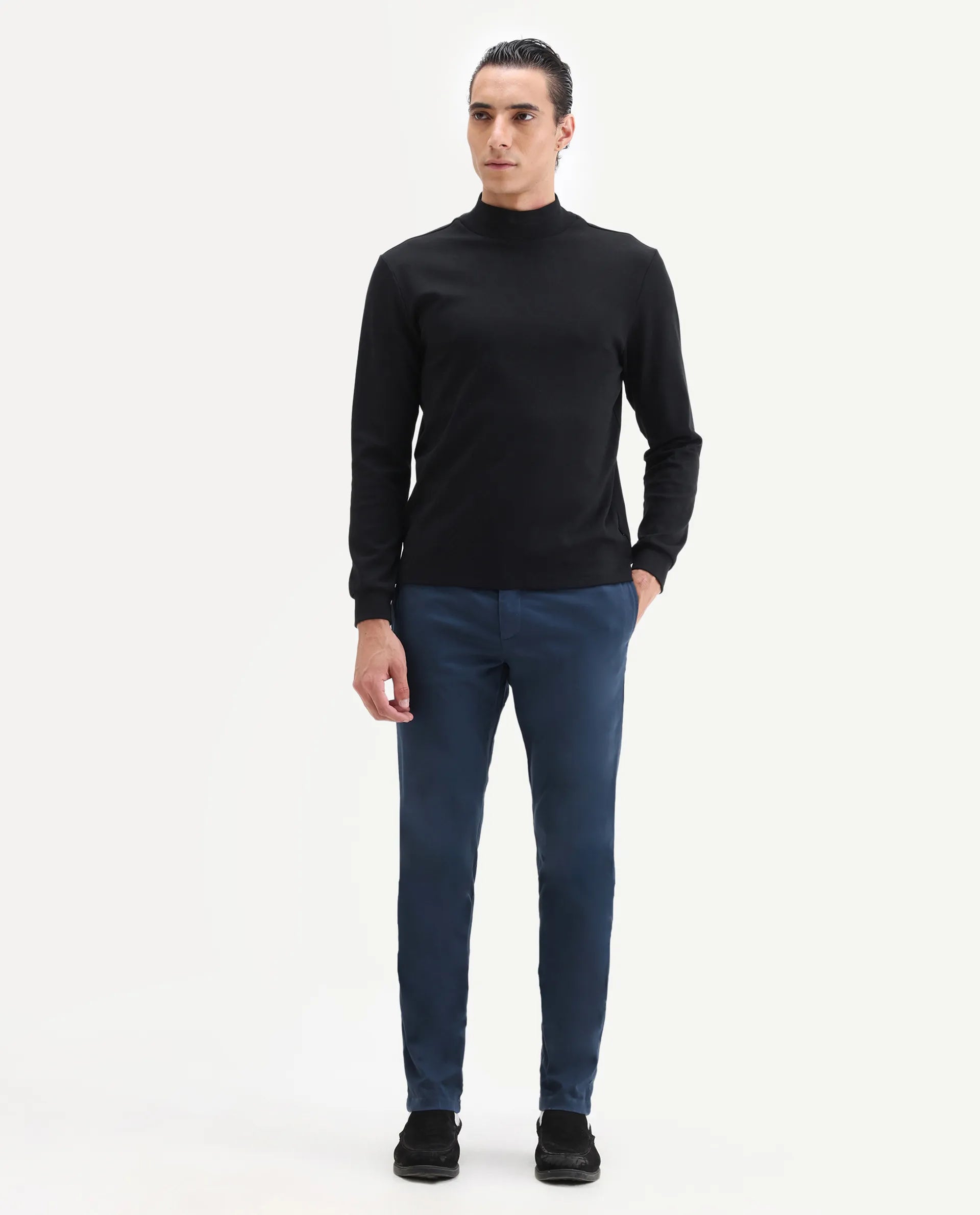 Rare Rabbit Men's Pesto Dark Blue Cotton Plain Regular Fit Trouser