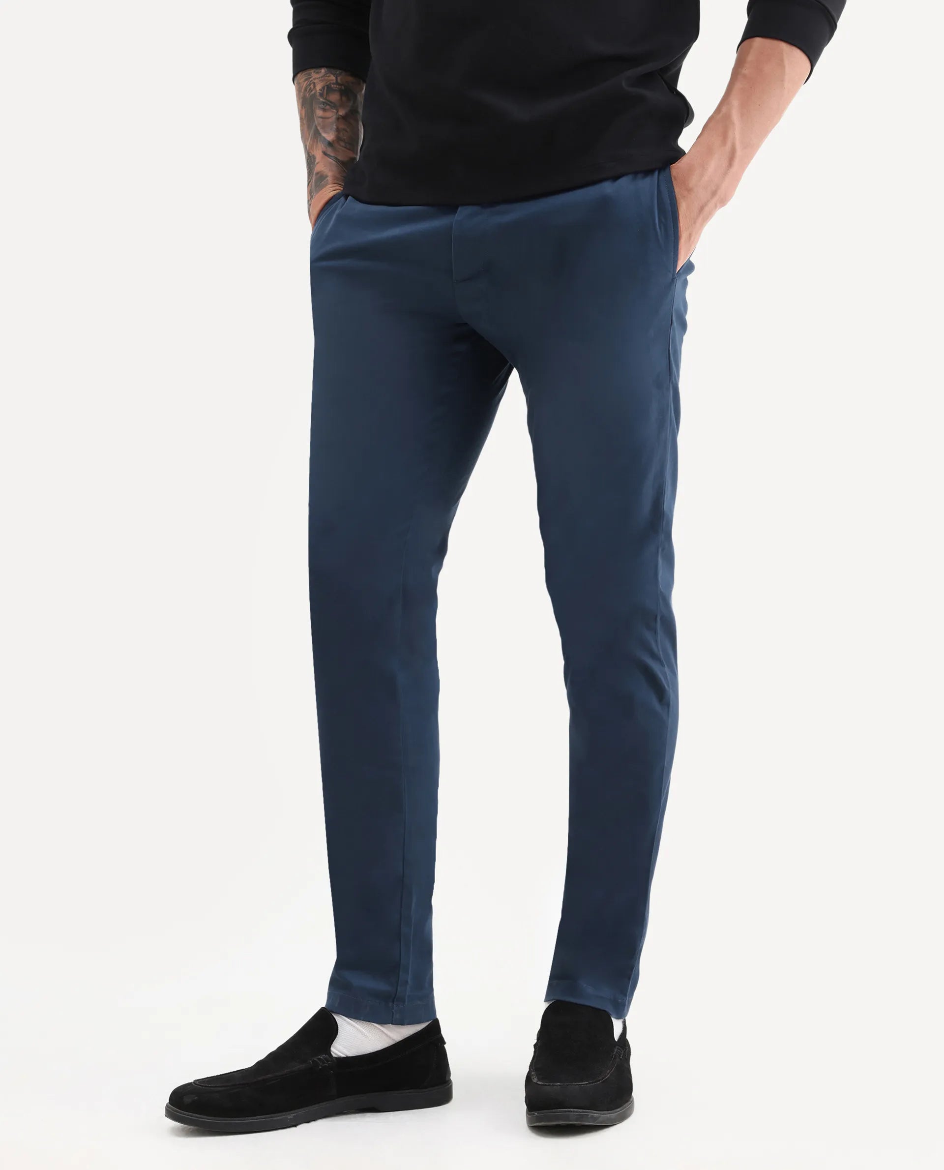 Rare Rabbit Men's Pesto Dark Blue Cotton Plain Regular Fit Trouser