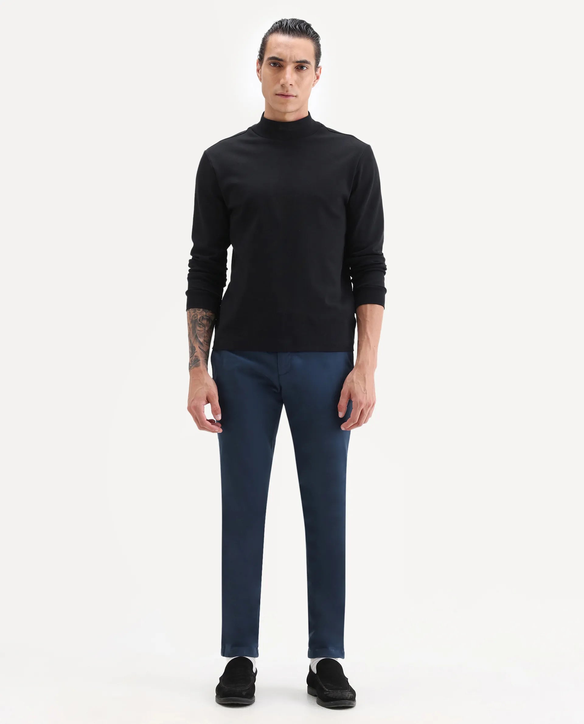 Rare Rabbit Men's Pesto Dark Blue Cotton Plain Regular Fit Trouser