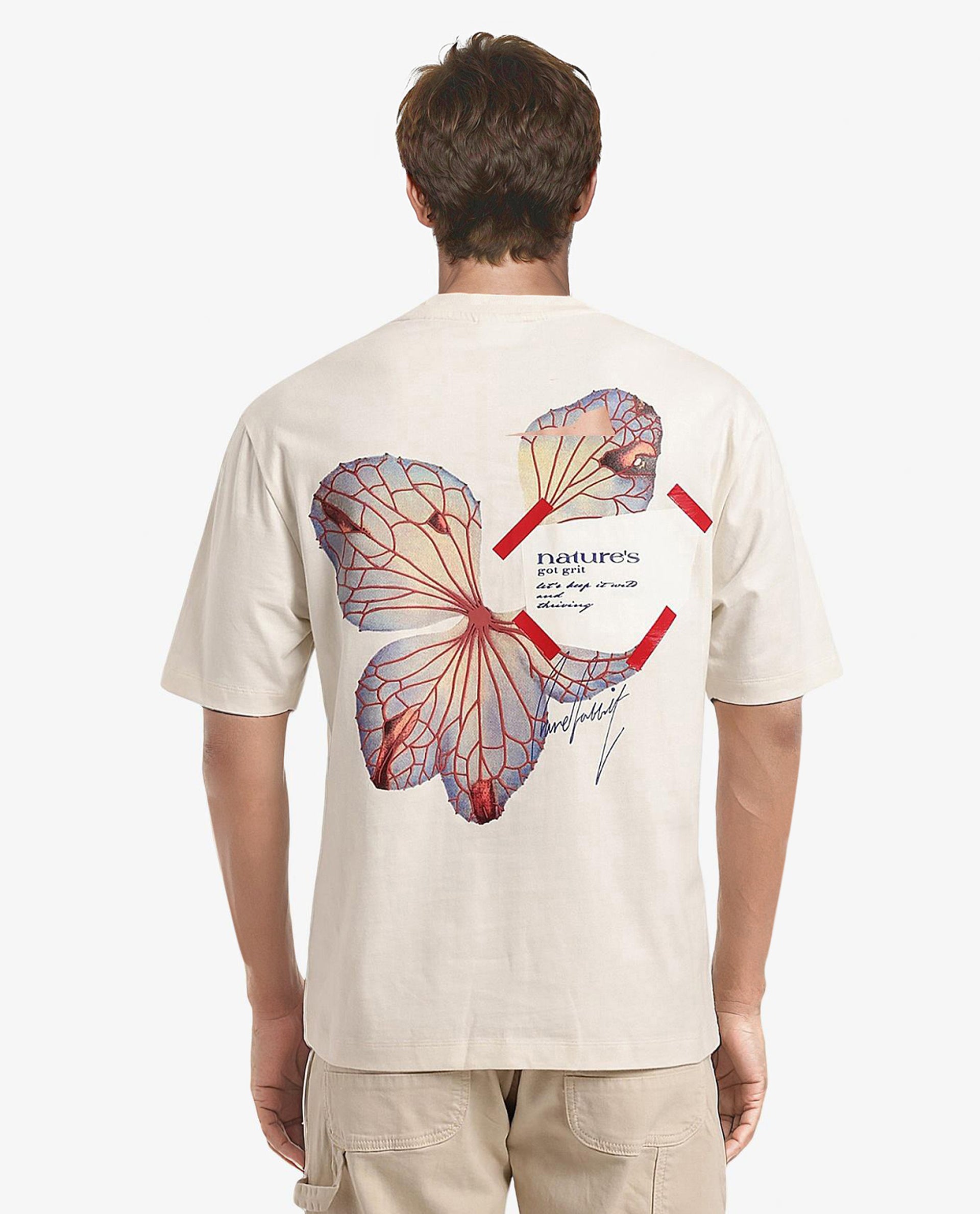 Rare Rabbit Men Peta Off White Cotton Blend Fabric Short Sleeve Crew Neck Oversized Fit Floral Back Print T-Shirt