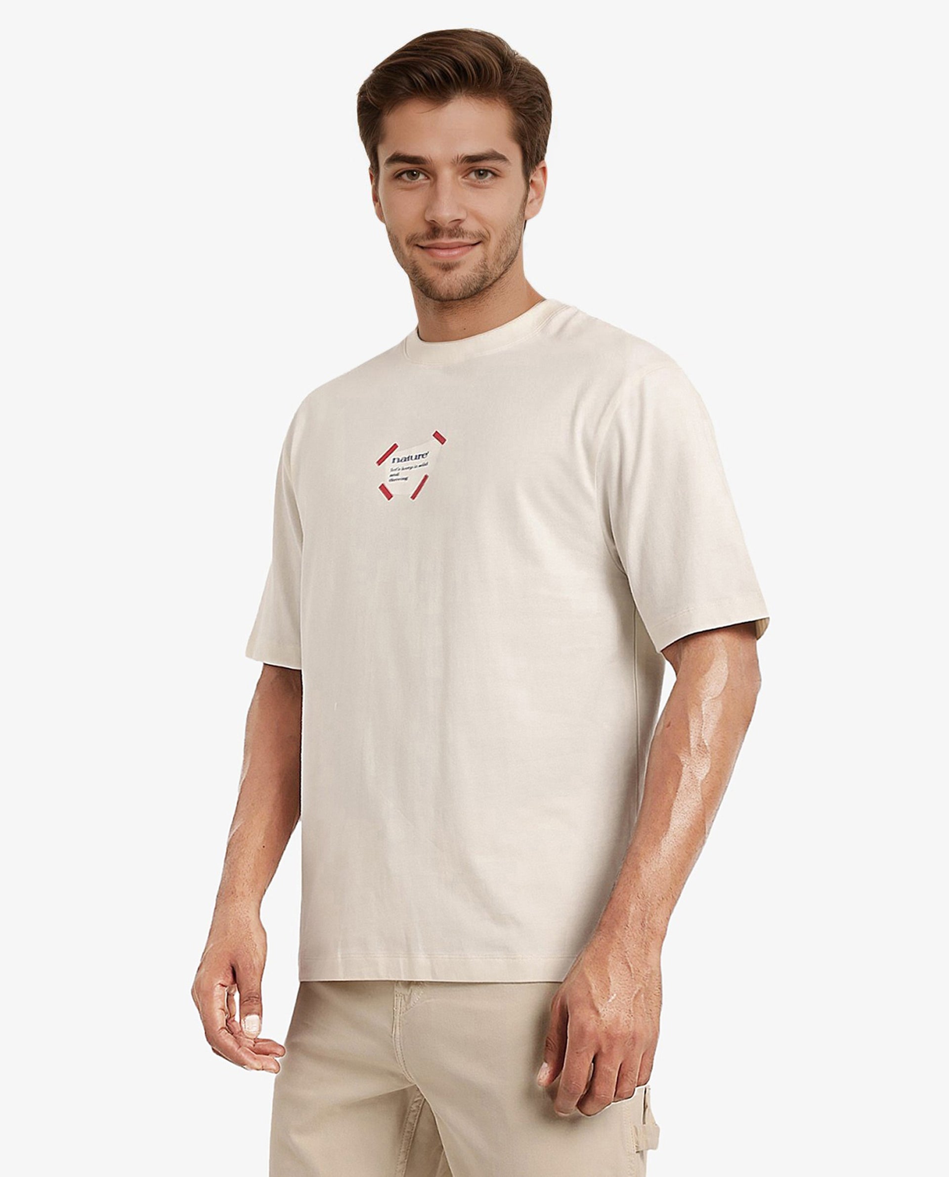 Rare Rabbit Men Peta Off White Cotton Blend Fabric Short Sleeve Crew Neck Oversized Fit Floral Back Print T-Shirt