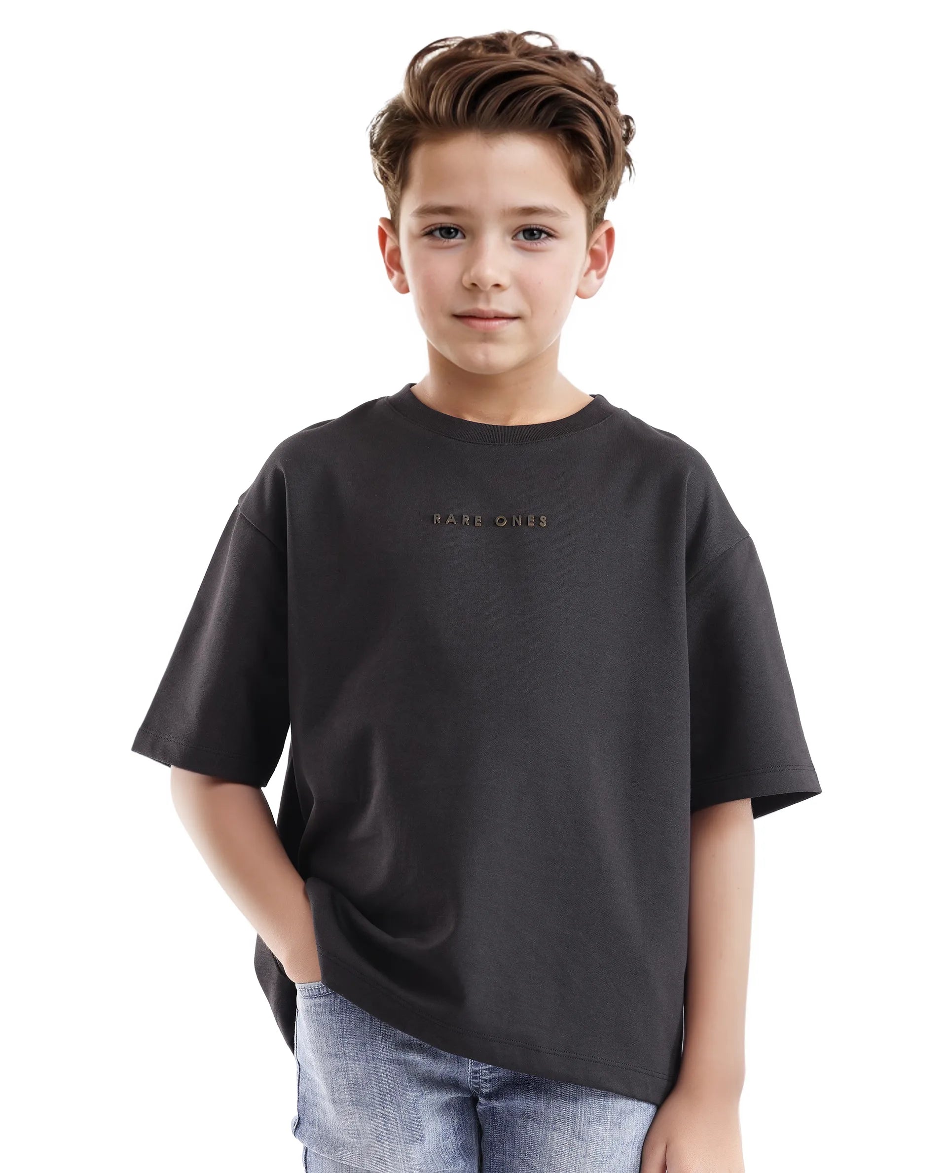 Rare Ones Kids Pete Black Cotton Half Sleeves Crew Neck Oversized Fit HD Print Branded T-Shirt
