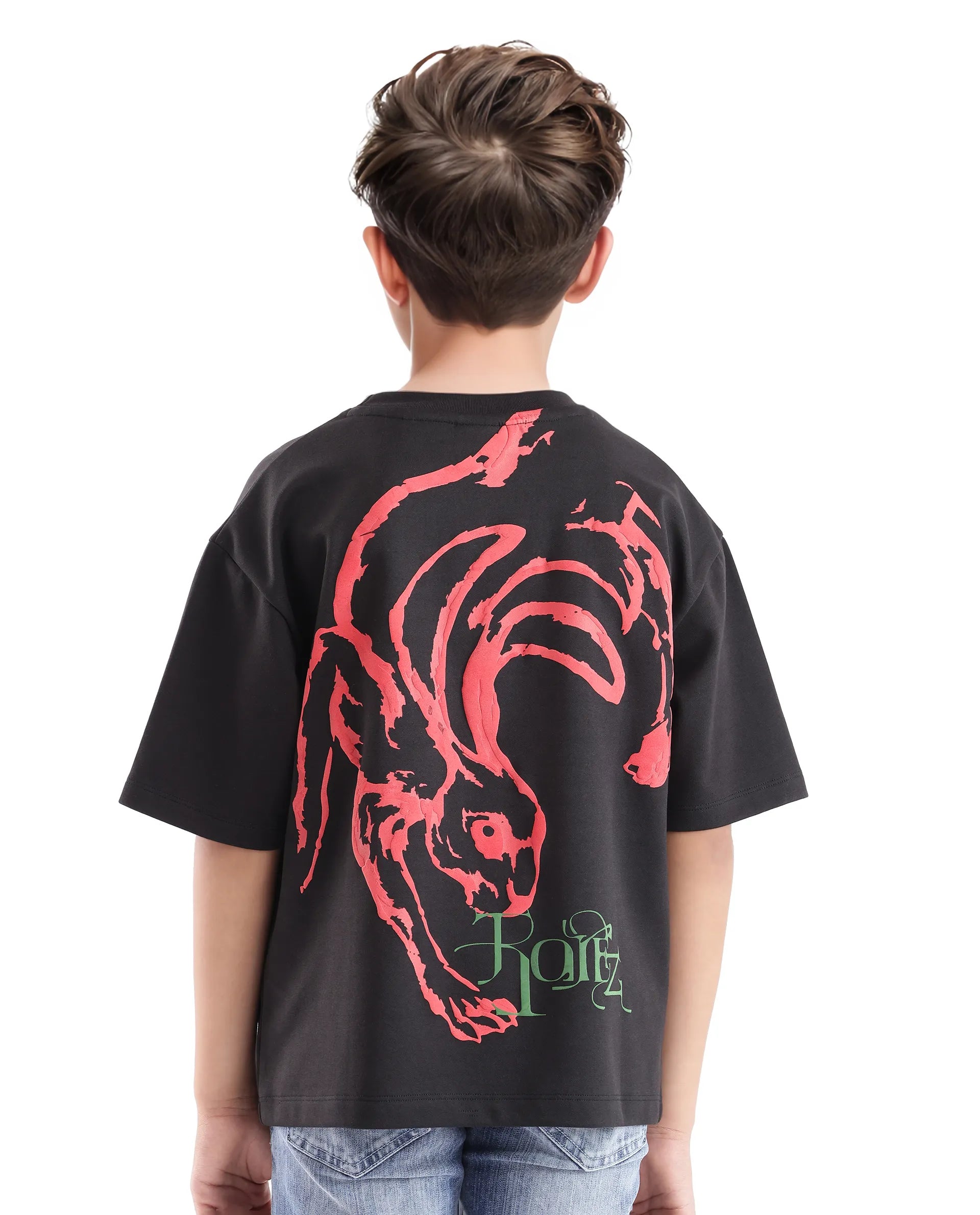 Rare Ones Kids Pete Black Cotton Half Sleeves Crew Neck Oversized Fit HD Print Branded T-Shirt
