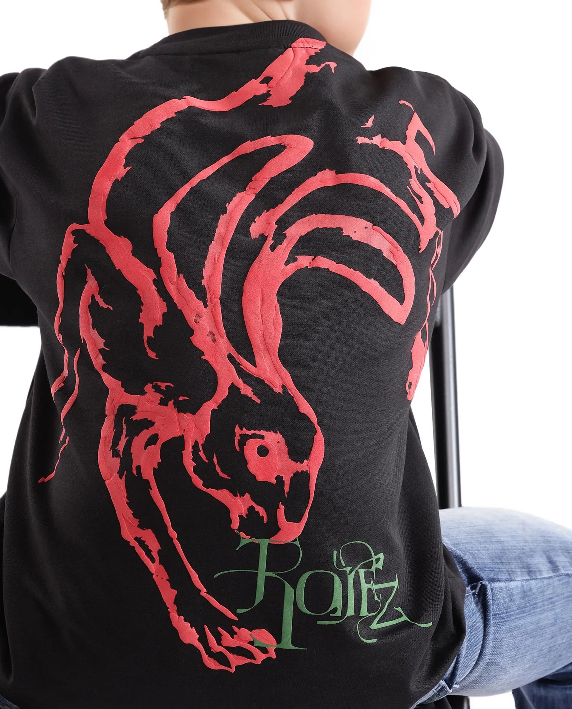 Rare Ones Kids Pete Black Cotton Half Sleeves Crew Neck Oversized Fit HD Print Branded T-Shirt