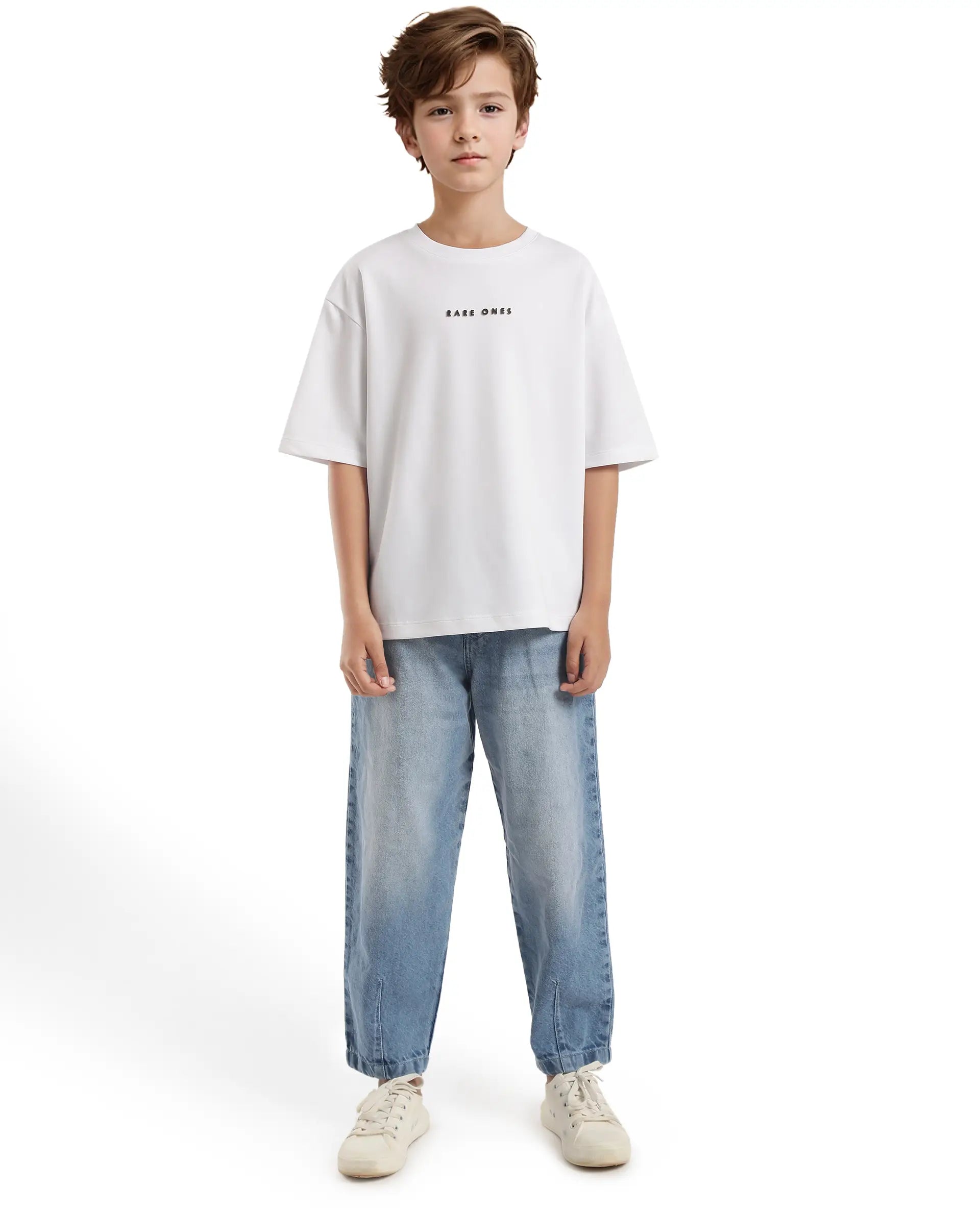 Rare Ones Kids Pete White Cotton Half Sleeves Crew Neck Oversized Fit HD Print Branded T-Shirt