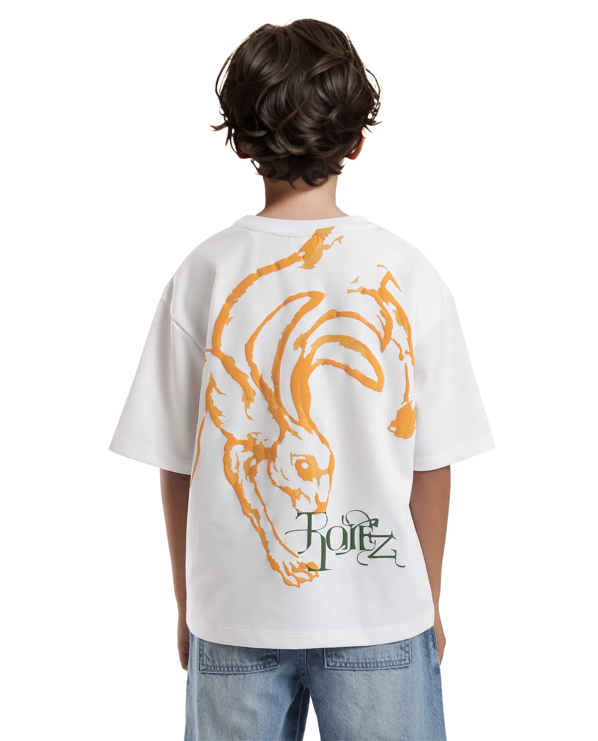 Rare Ones Kids Pete White Cotton Half Sleeves Crew Neck Oversized Fit HD Print Branded T-Shirt