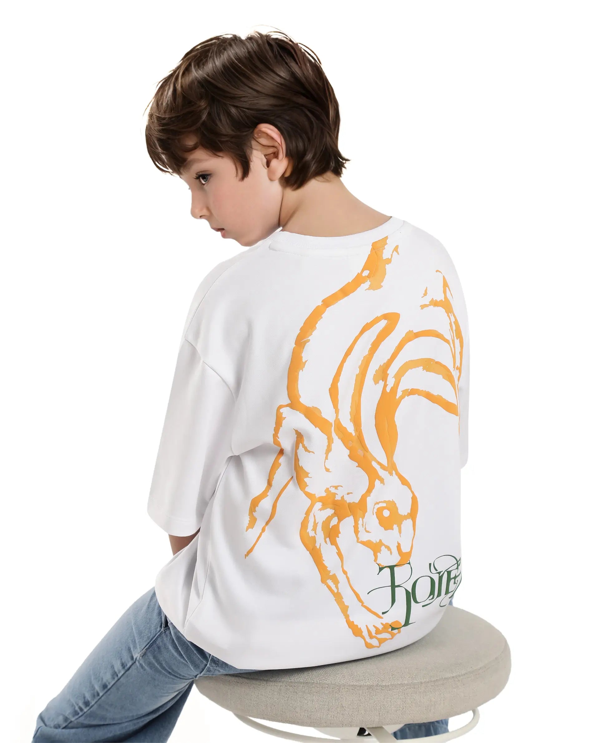Rare Ones Kids Pete White Cotton Half Sleeves Crew Neck Oversized Fit HD Print Branded T-Shirt