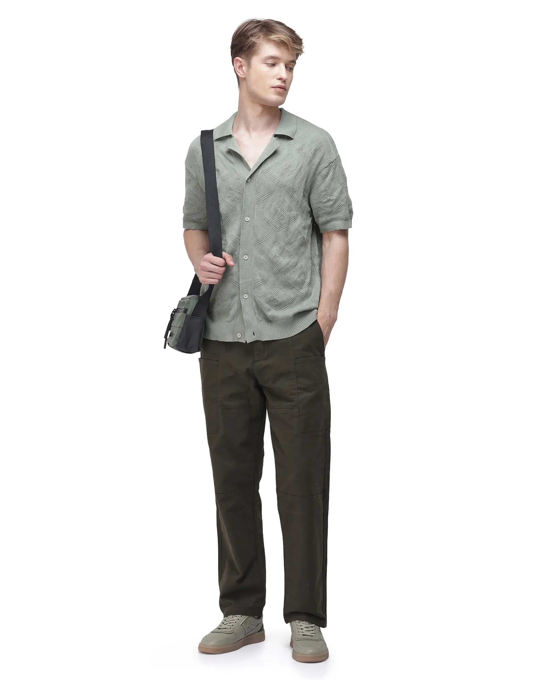 Rare Rabbit Men's Petro Dark Olive Cotton Plain Straight Fit Trouser