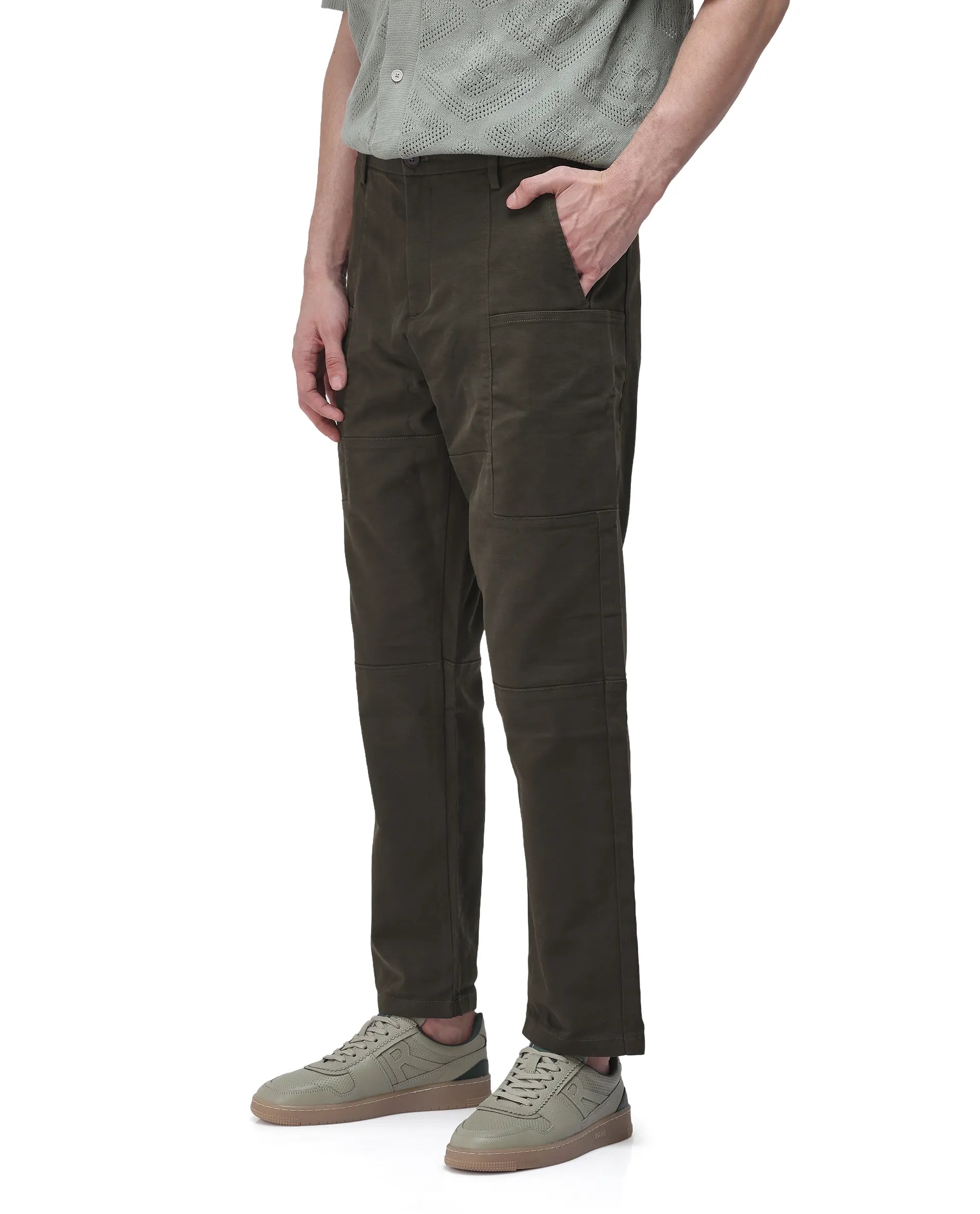 Rare Rabbit Men's Petro Dark Olive Cotton Plain Straight Fit Trouser