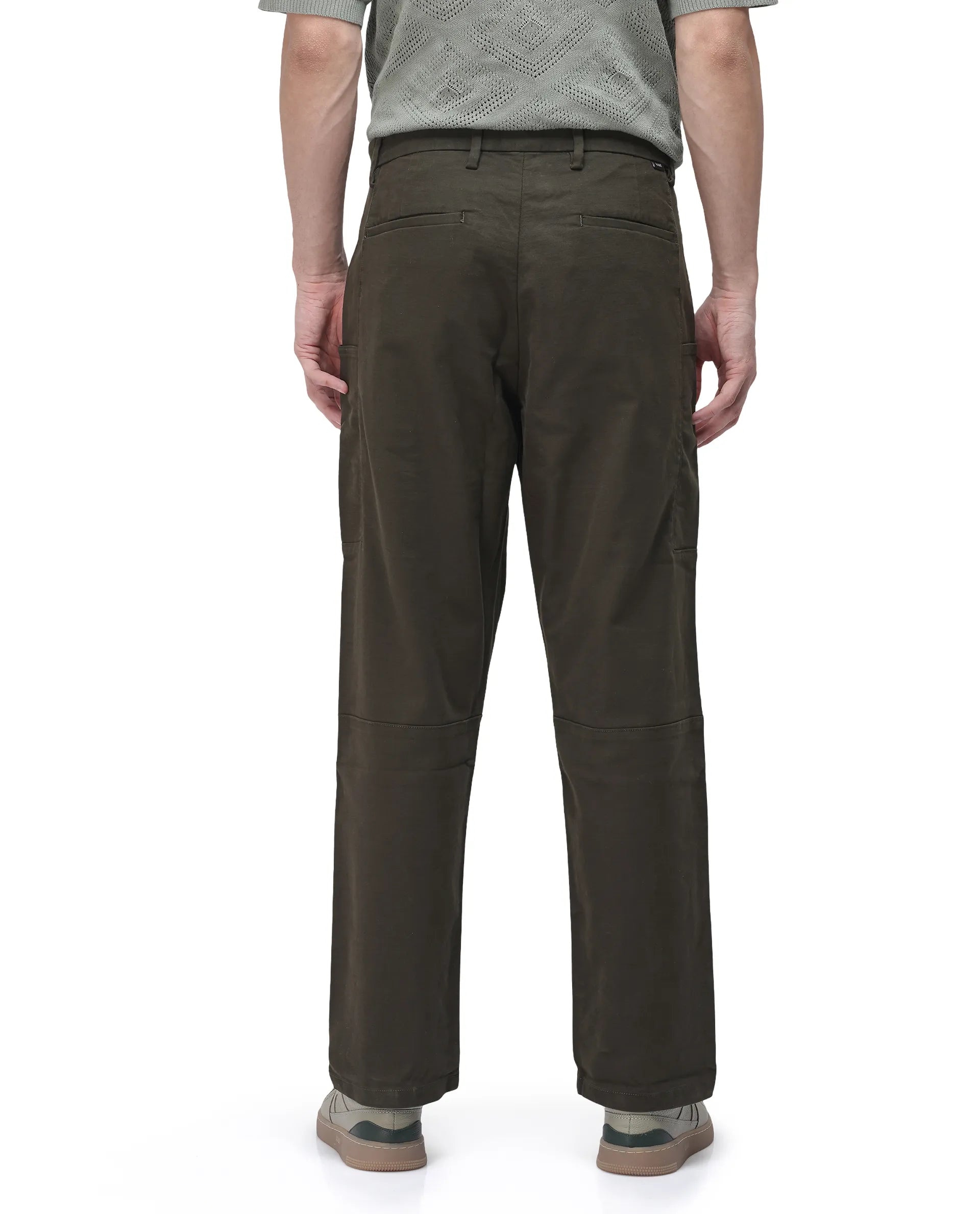 Rare Rabbit Men's Petro Dark Olive Cotton Plain Straight Fit Trouser