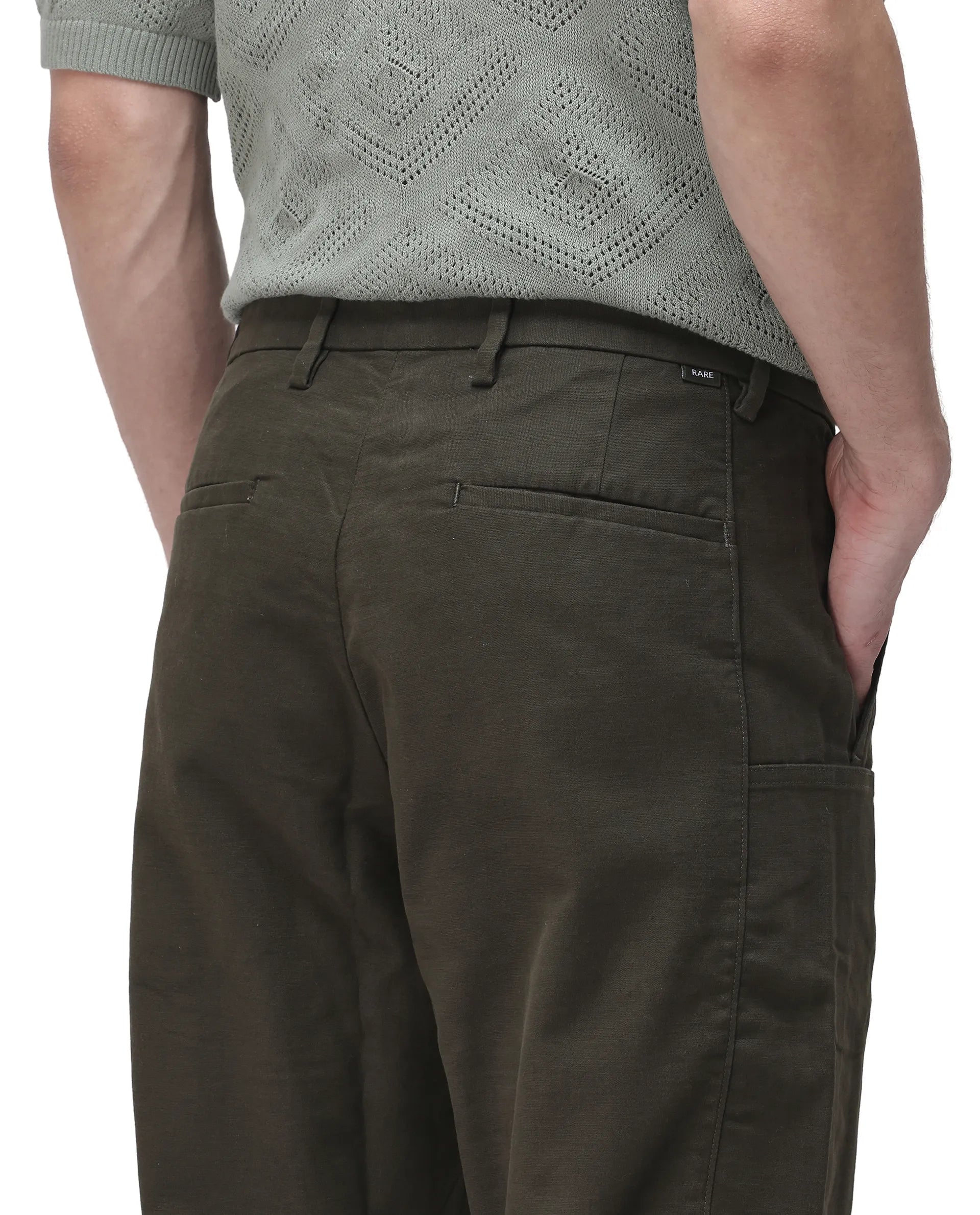 Rare Rabbit Men's Petro Dark Olive Cotton Plain Straight Fit Trouser